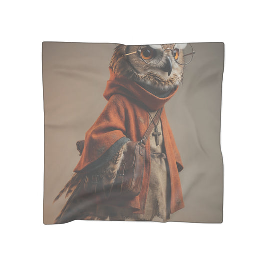 Wise Owl Scholar Poly Scarf – Amber-Hued Wisdom in Textile