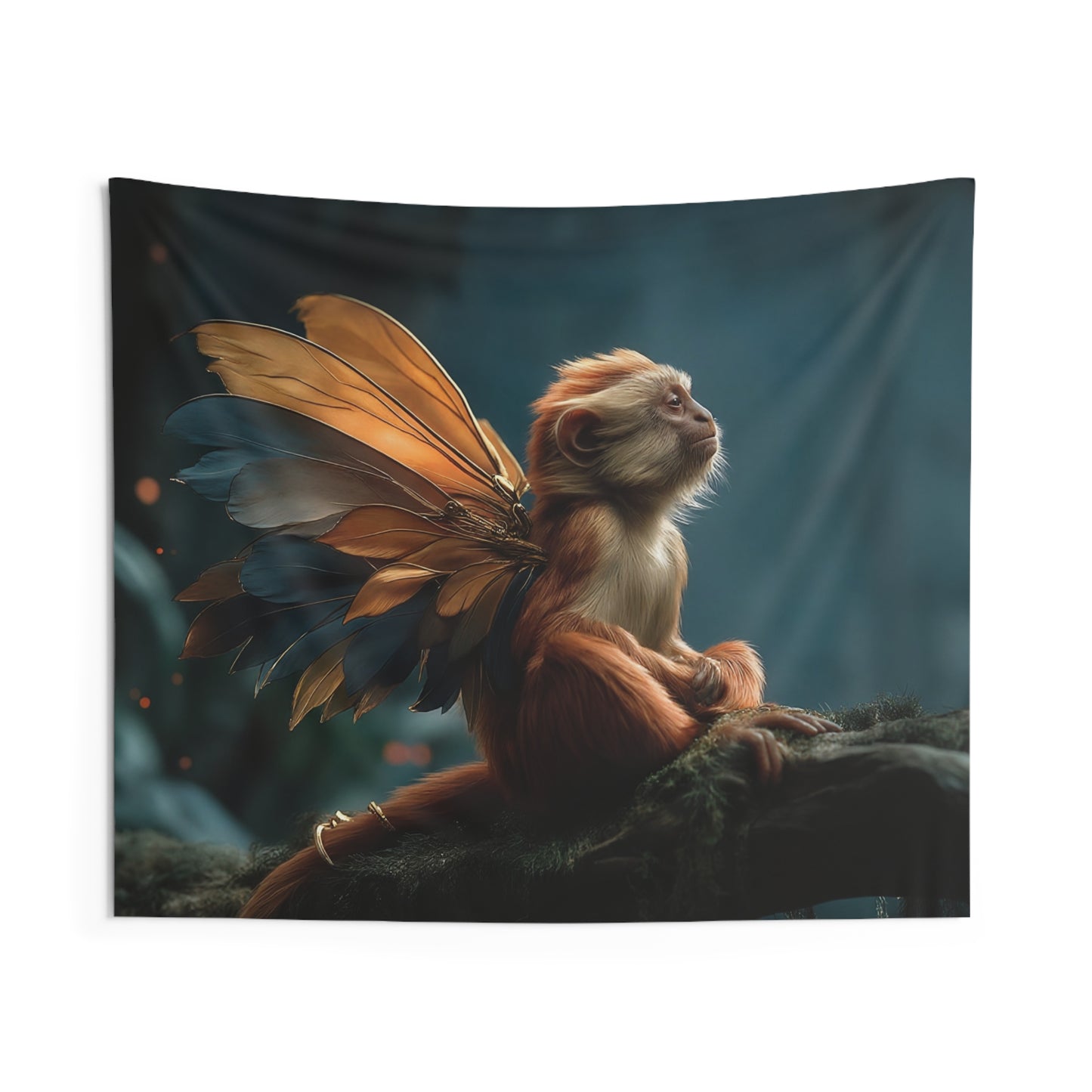 Winged Monkey Guardian Tapestry – Amber and Azure Forest Sentinel