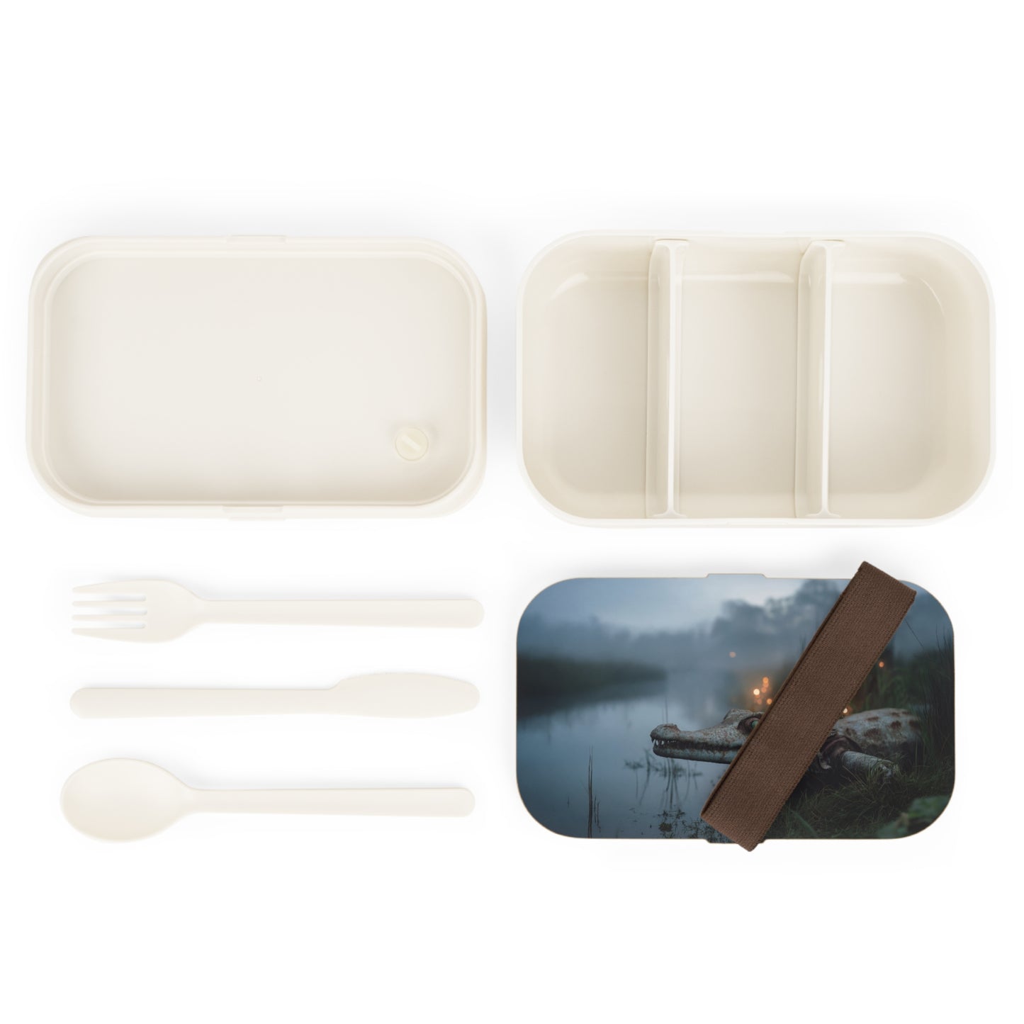 Misty Crocodile Watcher Bento Lunch Box – Twilight Sentinel by the Water’s Edge