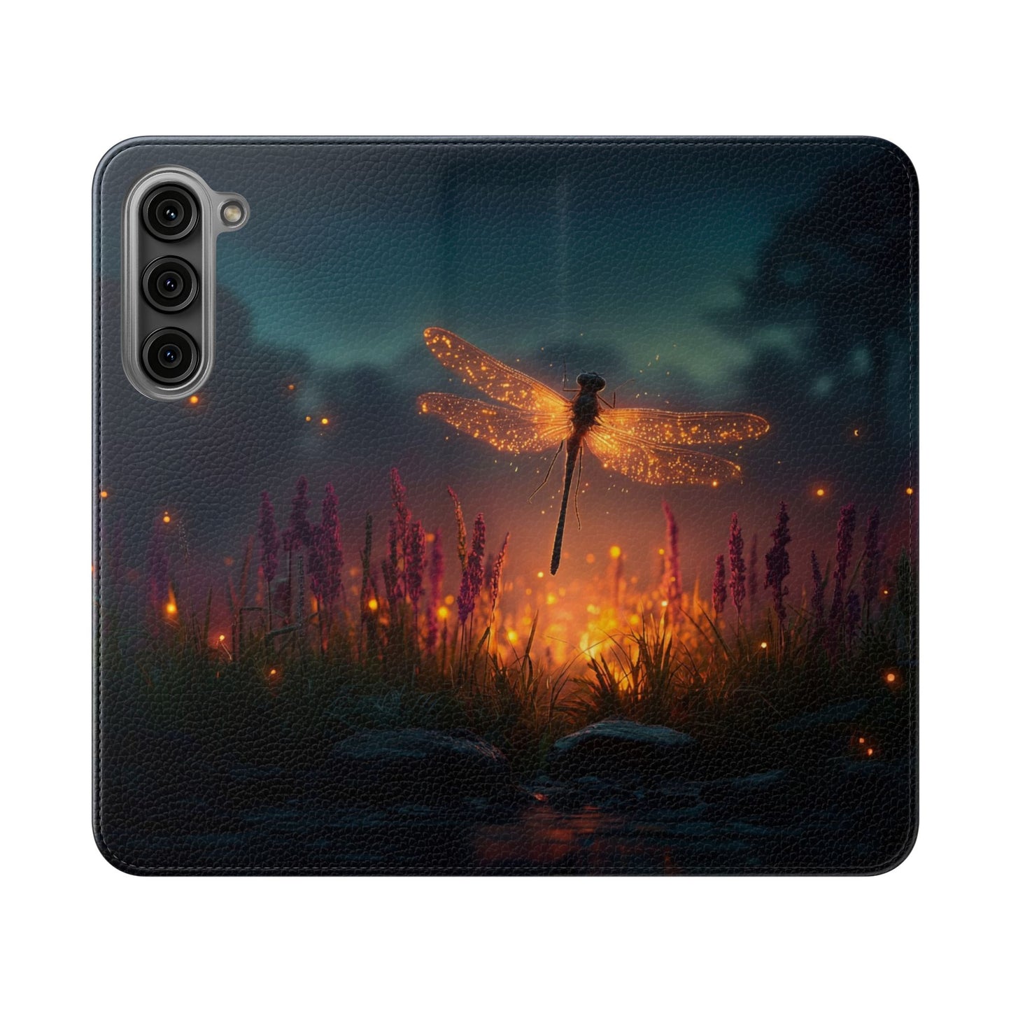 Bioluminescent Dragonfly Flip Cases – Glowing Amber Wings Over Twilight Marsh