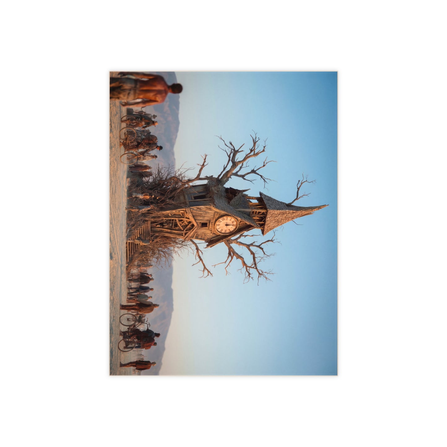 Clock Tower in the Desert Tree Ceramic Photo Tile – Whimsical Timekeeper in a Withered Grove