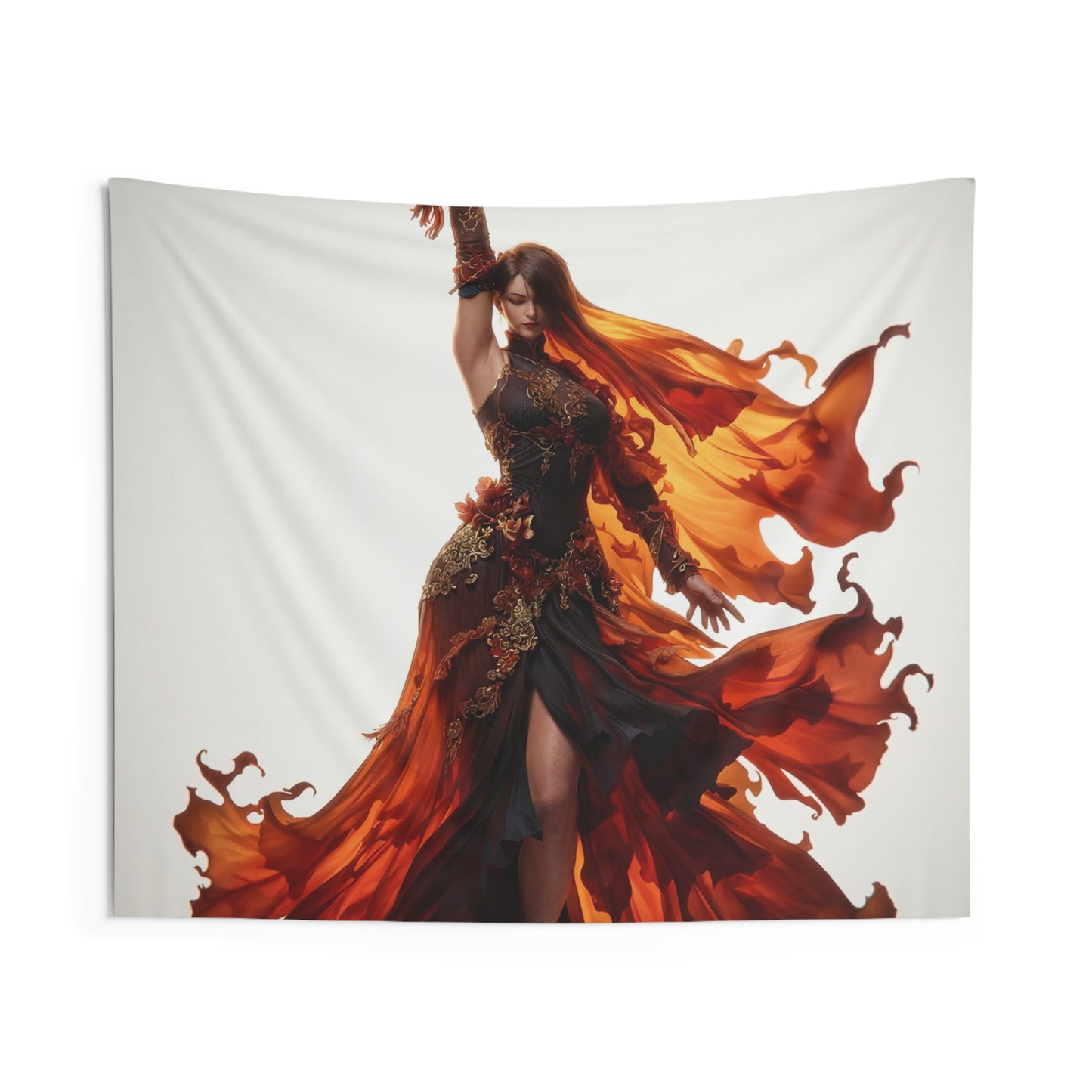 Flame-Dancer Sentinel Wall Tapestry – Crimson Whirlwind Grace
