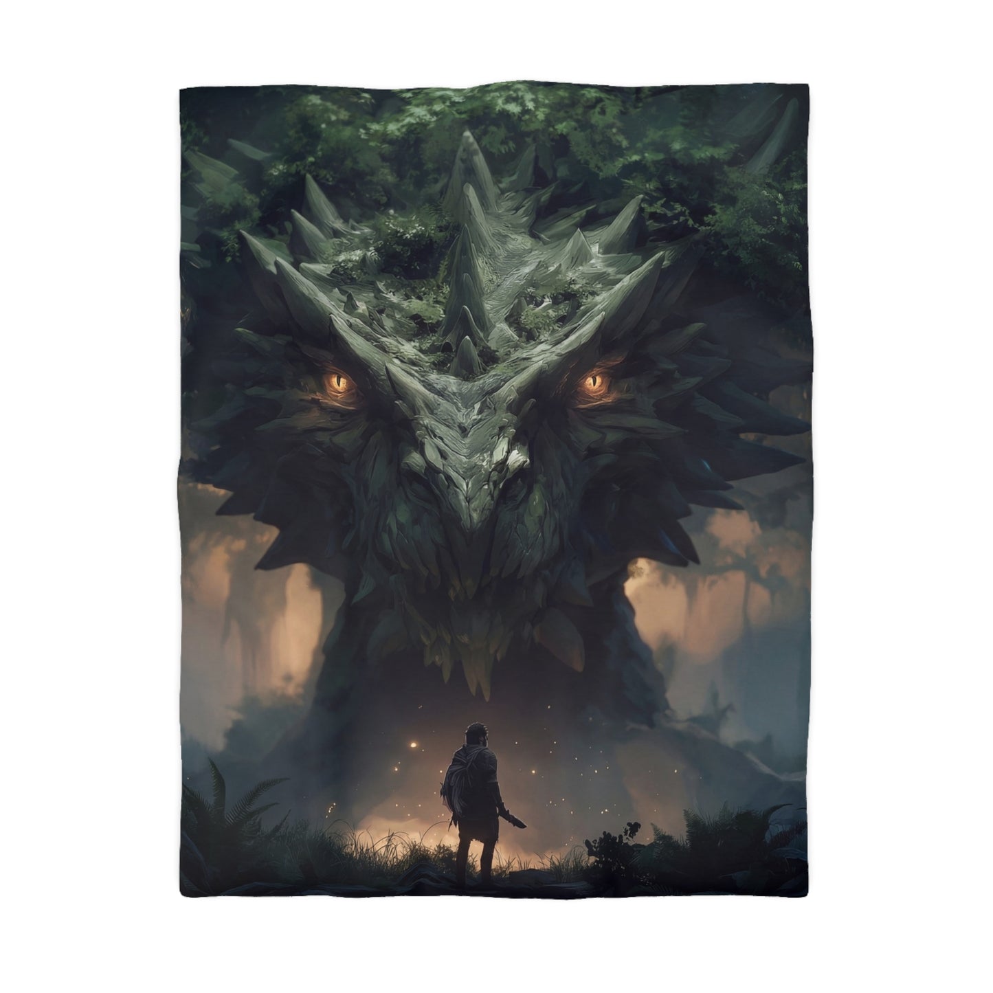 Ancient Dragon Sentinel Microfiber Duvet Cover – Forest Guardian at Dusk