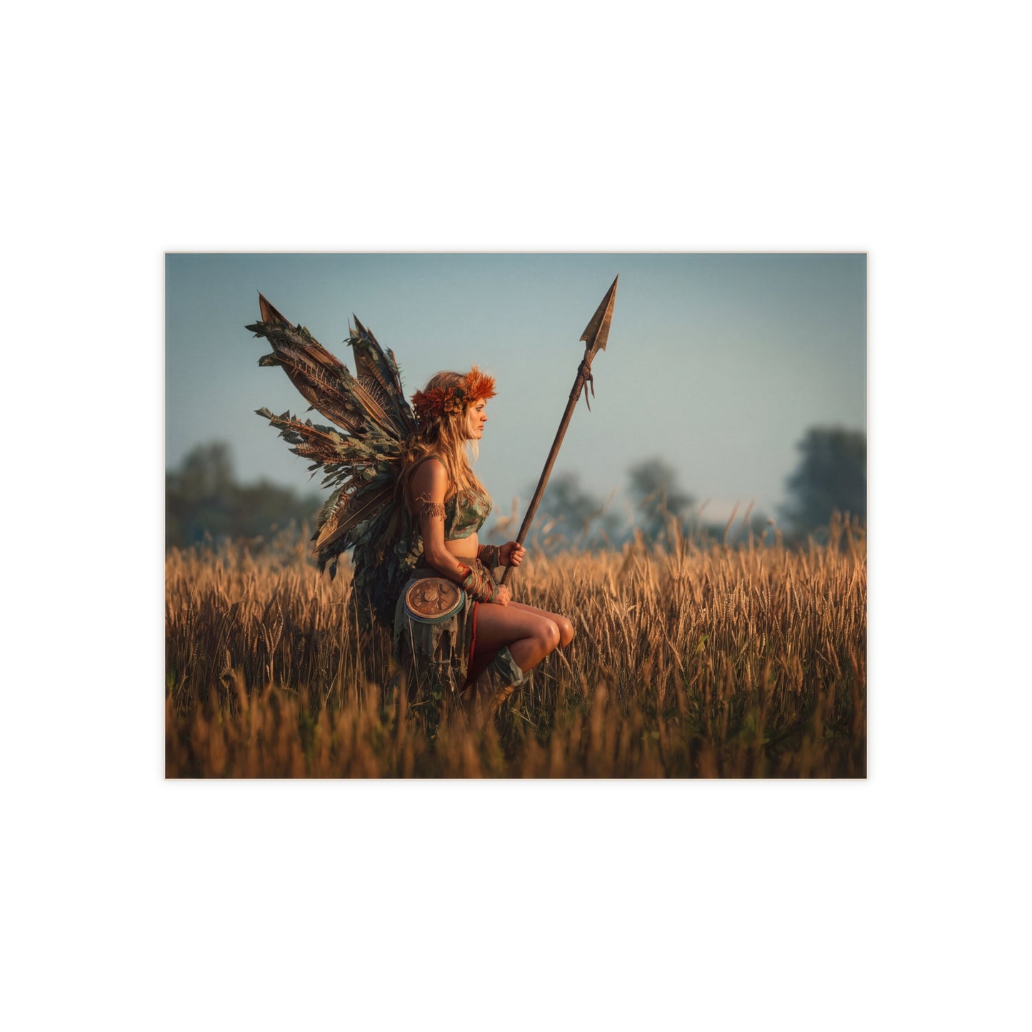 Warrior Fairy in Golden Field Ceramic Photo Tile – Sunset Sentinel of the Harvest