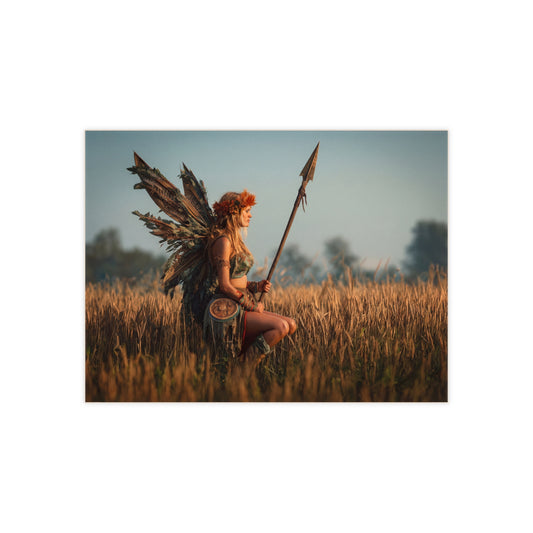 Warrior Fairy in Golden Field Ceramic Photo Tile – Sunset Sentinel of the Harvest