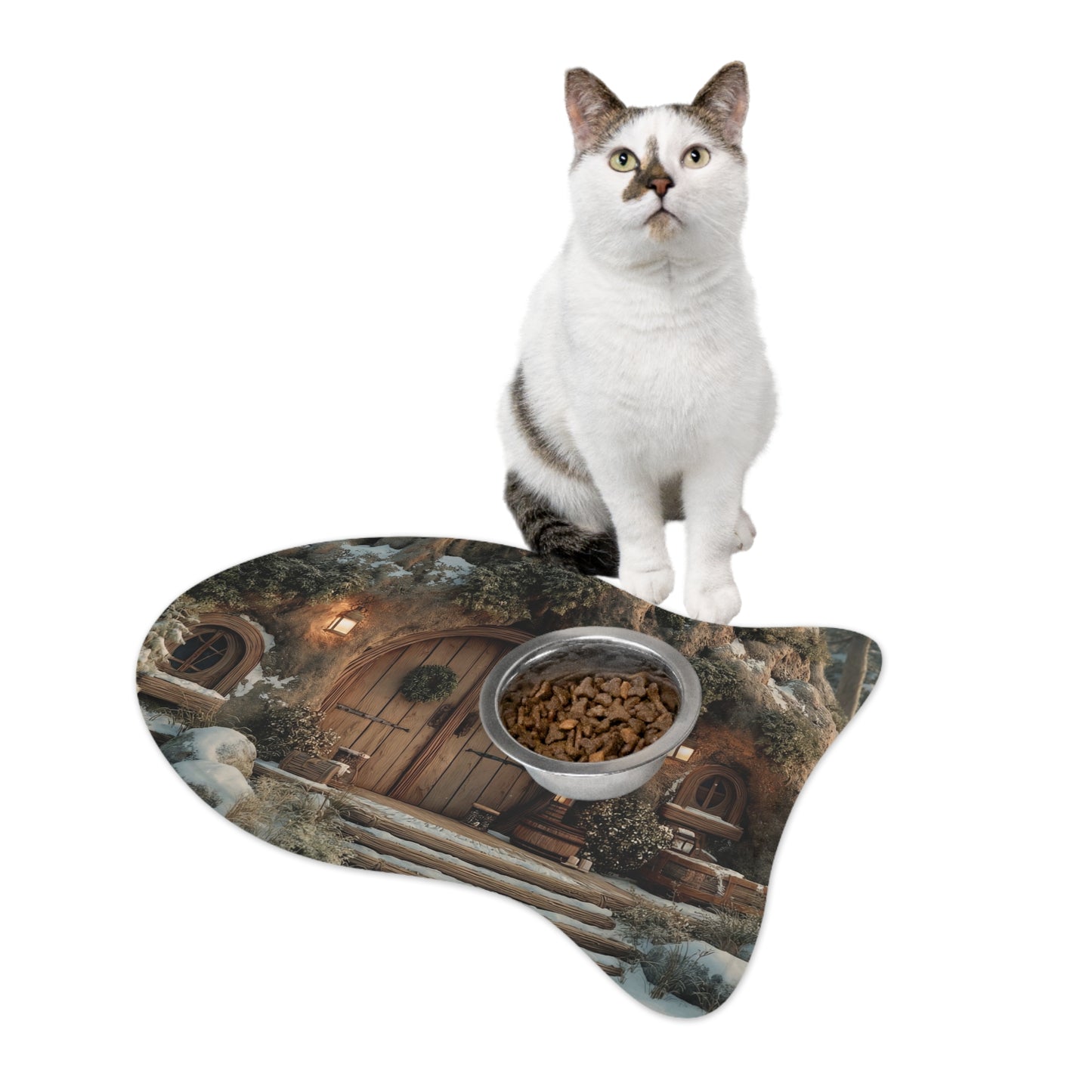 Winter Hollow Cottage Pet Feeding Mats – Snow-Dusted Hearth Welcome