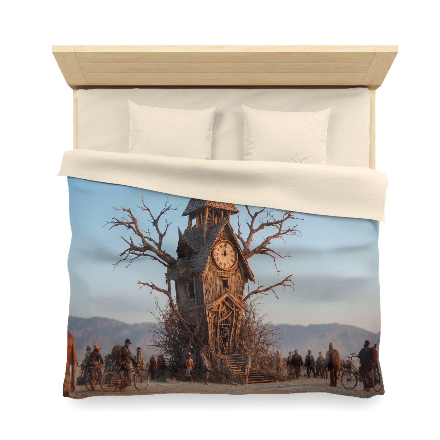 Timekeeper Tree Microfiber Duvet Cover – Dusty Wood Clocktower Sunset