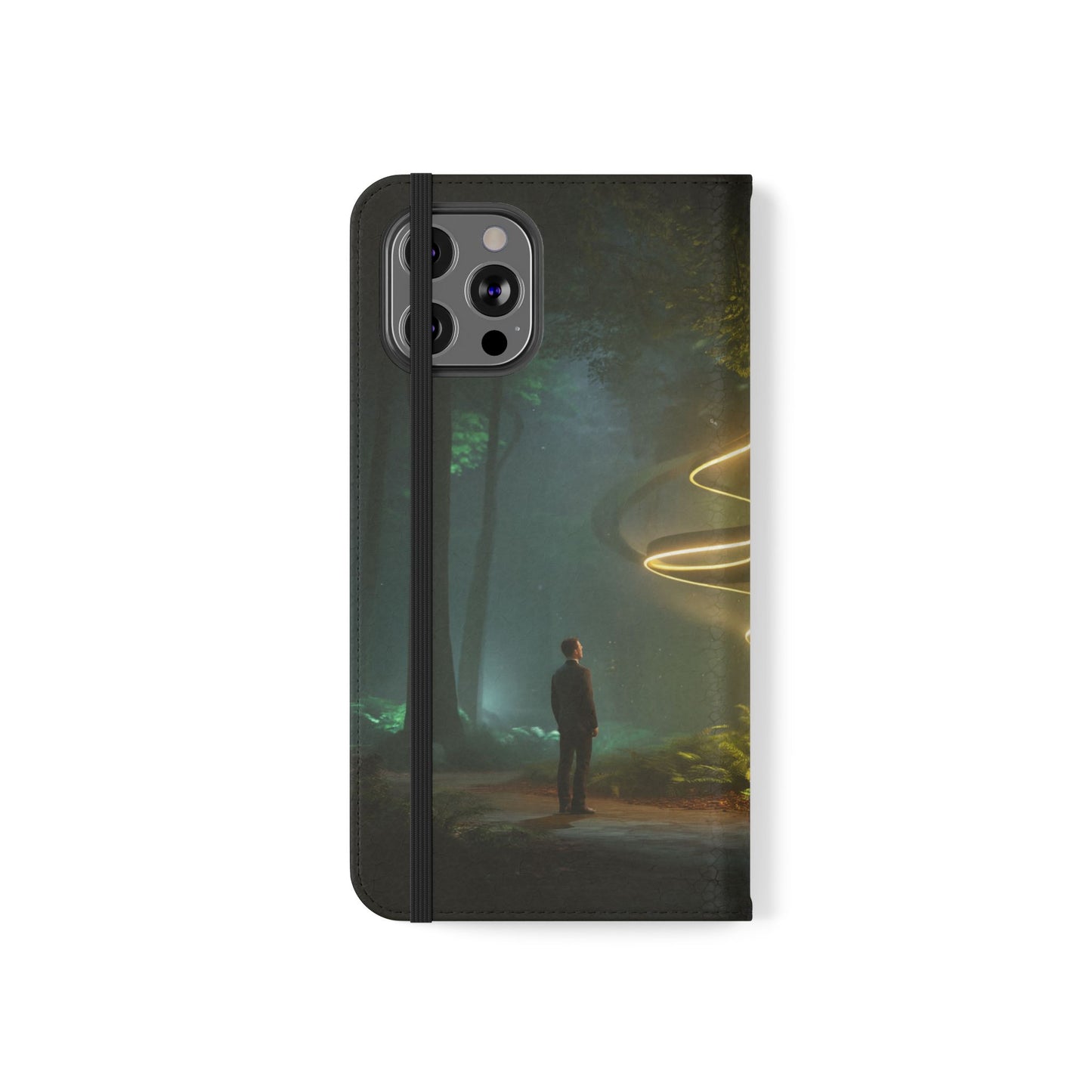 Luminous Spiral Forest Flip Cases – Golden Light Rings Mystery Scene