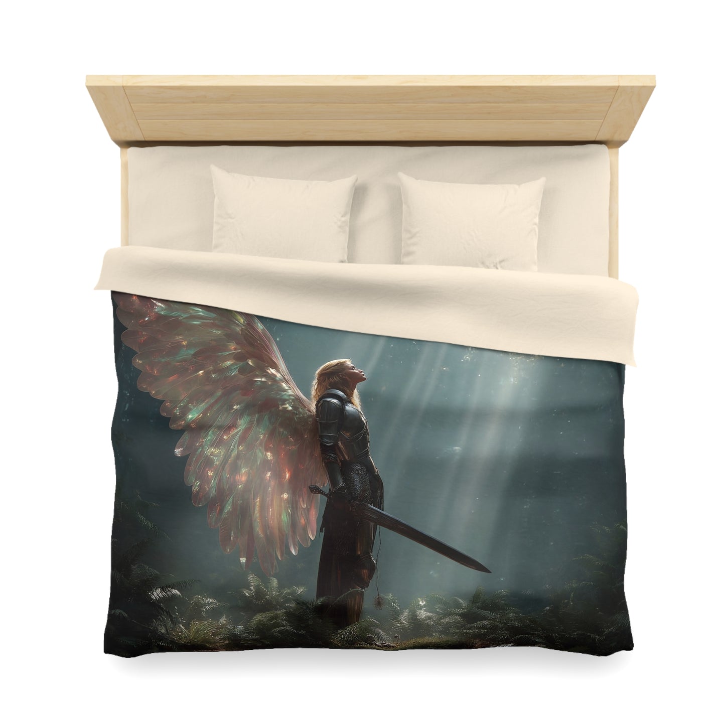 Winged Sentinel Microfiber Duvet Cover – Sunbeam Sanctuary in the Ancient Grove