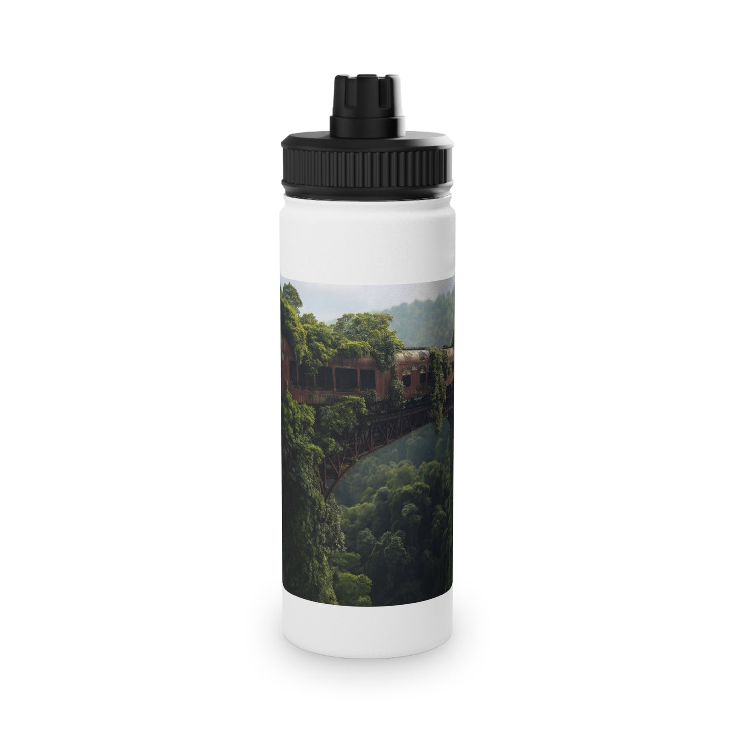 Abandoned Train Through Verdant Canopy Stainless Steel Water Bottle, Sports Lid – Timeless Forest Journey