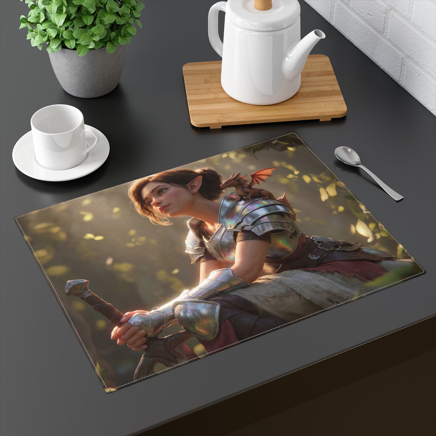 Elven Sentinel Placemat – Sunlit Grove with Tiny Dragon Companion
