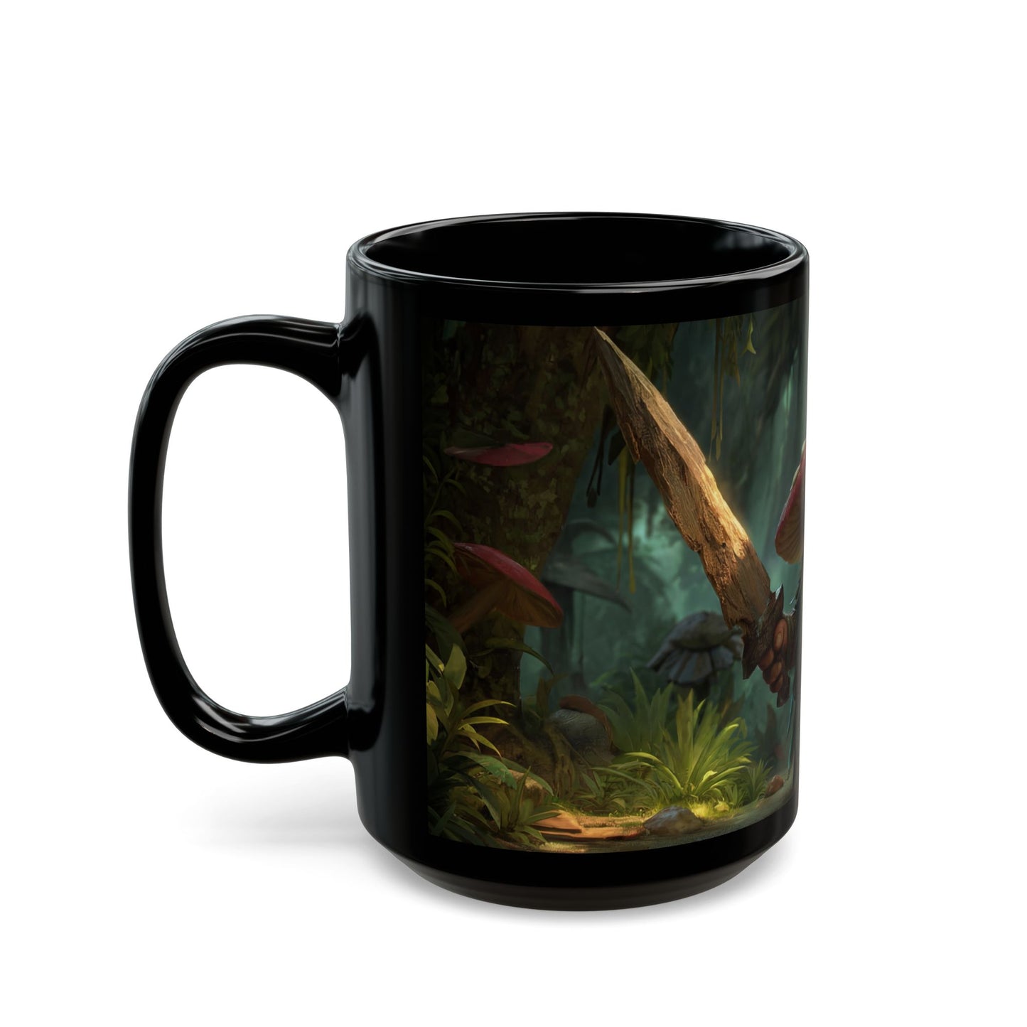 Mushroom Guardian Black Mug – Sunlit Jungle Sentinel