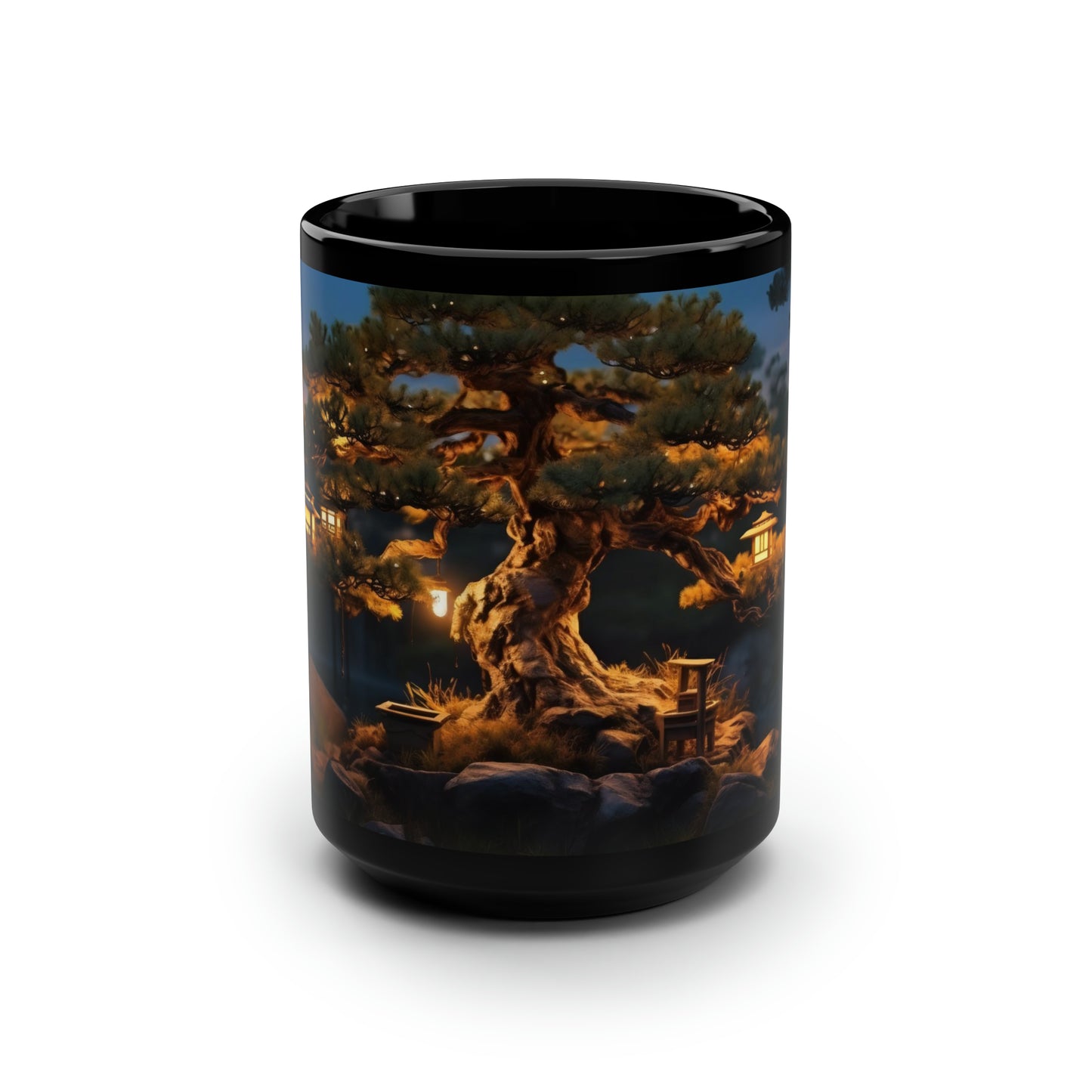 "An ancient bonsai pine tree adorned with paper lanterns, captured in the dim light of dusk, ultra-realistic, nature photography, Canon EOS R5." - Mug, Black