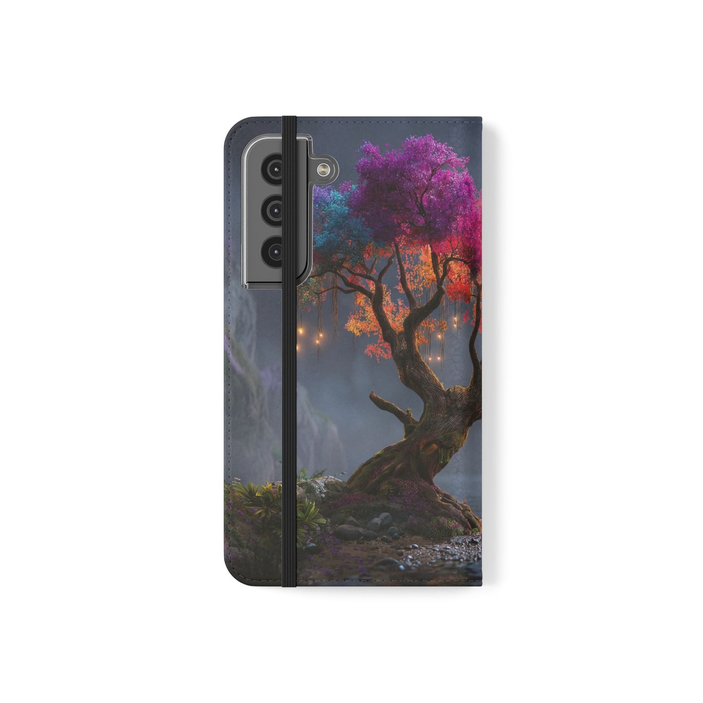 Chromatic Canopy Flip Cases – Rainbow Tree Moonlit Waterfall Scene