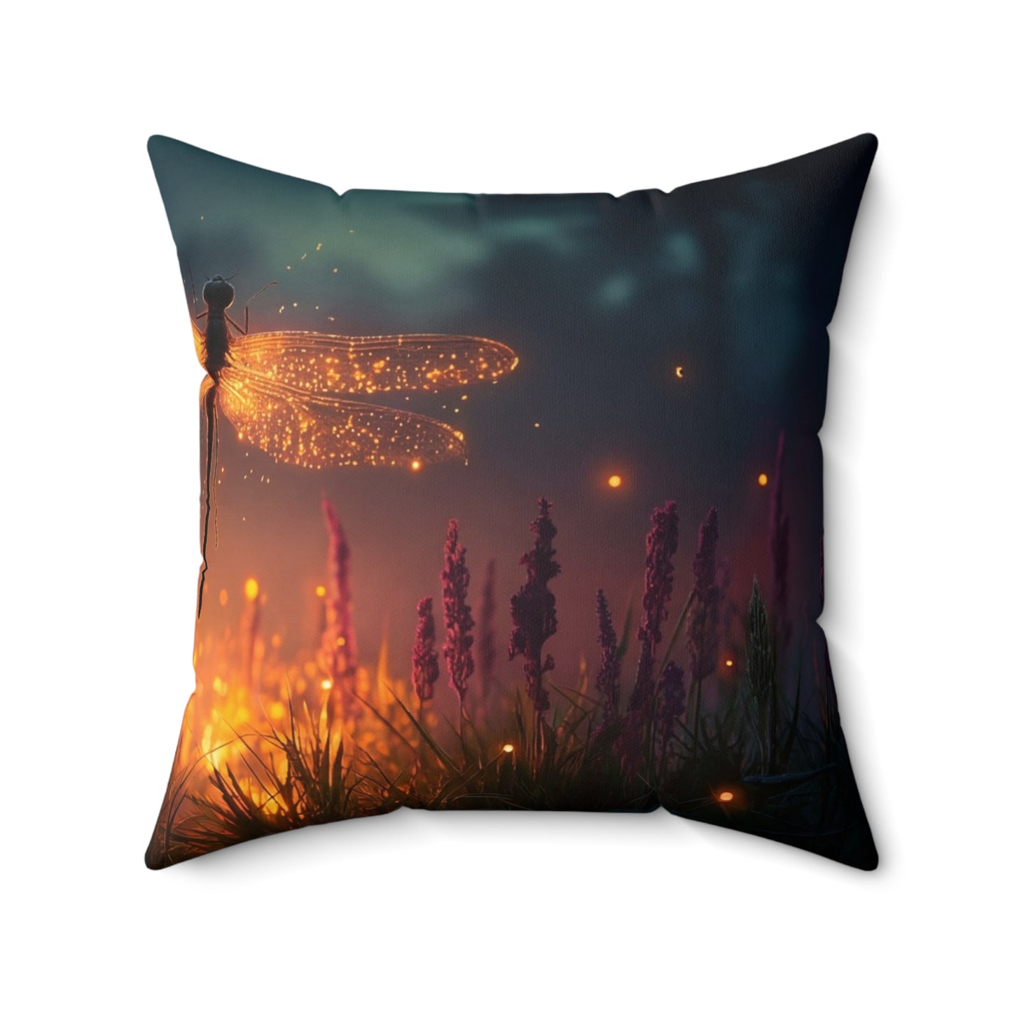 Glowing Dragonfly Spun Polyester Square Pillow – Twilight Meadow Luminescence