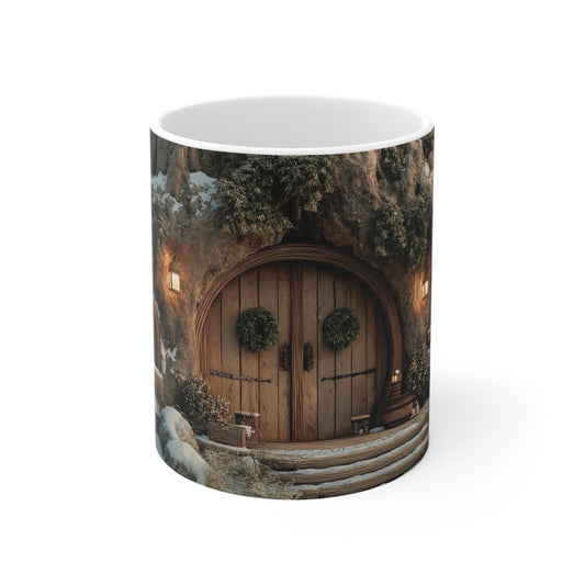 Winter Hollow Treehouse Mug – Warm Hearth Glow in Snow