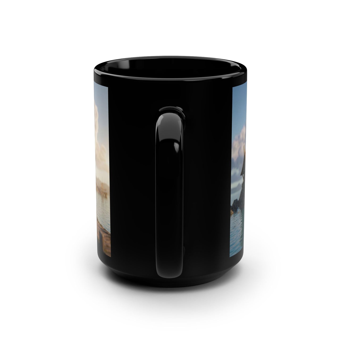 Ancient Coast Village Black Mug, 15oz – Weathered Timber and Amber Light