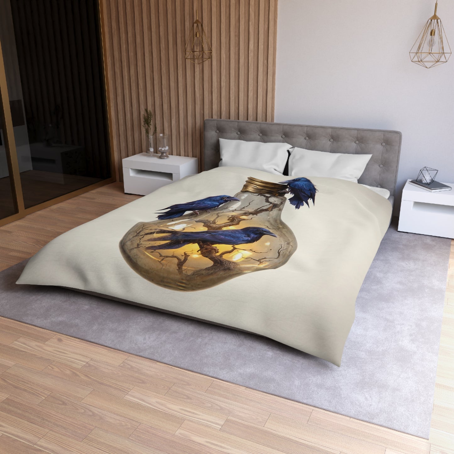 Ravens in the Lightbulb Microfiber Duvet Cover – Whispers of Illuminated Wisdom