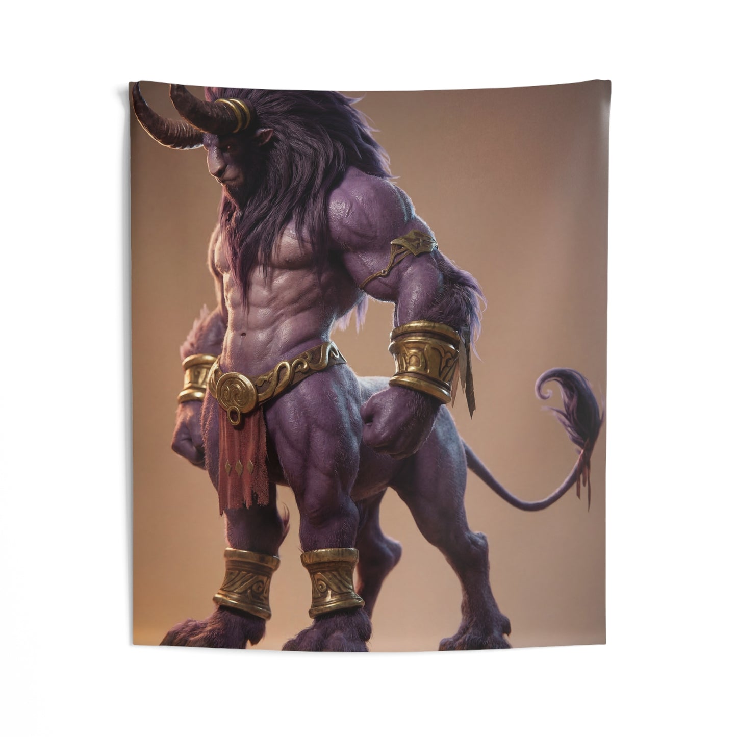 Purple Minotaur Sentinel Indoor Wall Tapestries – Ancient Strength in Warm Light