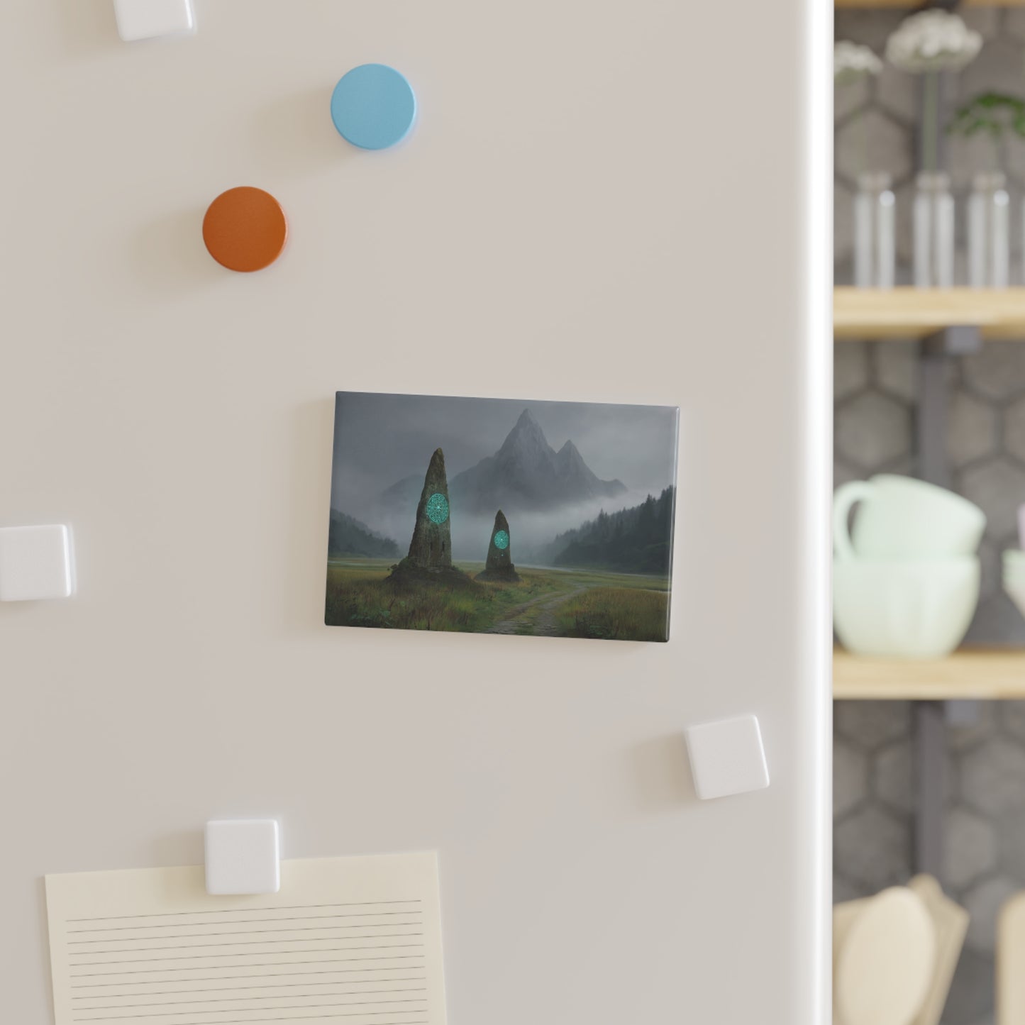 Ancient Portal Stones Button Magnet, Rectangle (1 & 10 pcs) – Glowing Glyphs in Misty Vale