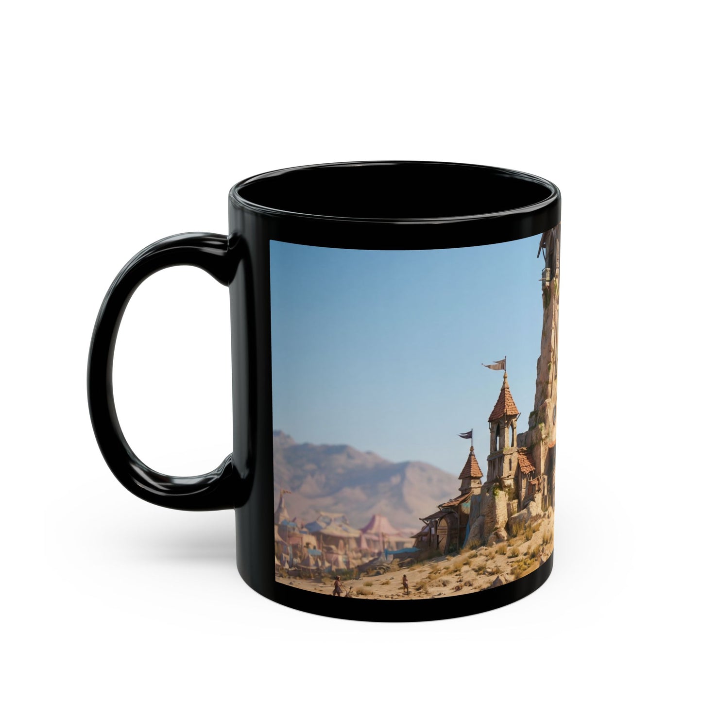 Desert Citadel Black Mug – Sunlit Ruins & Wanderer’s Path