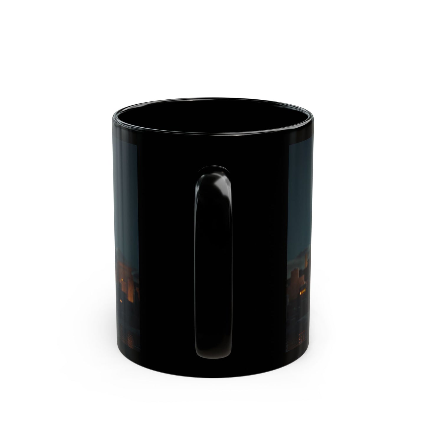 Celestial Cat Black Mug – Moonlit Pyramids Dreamscape
