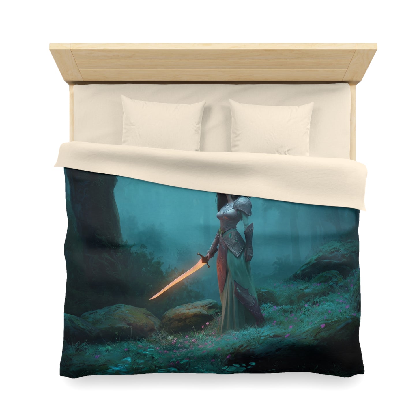 Elven Sentinel Forest Guardian Microfiber Duvet Cover – Glowing Blade and Mossy Grove