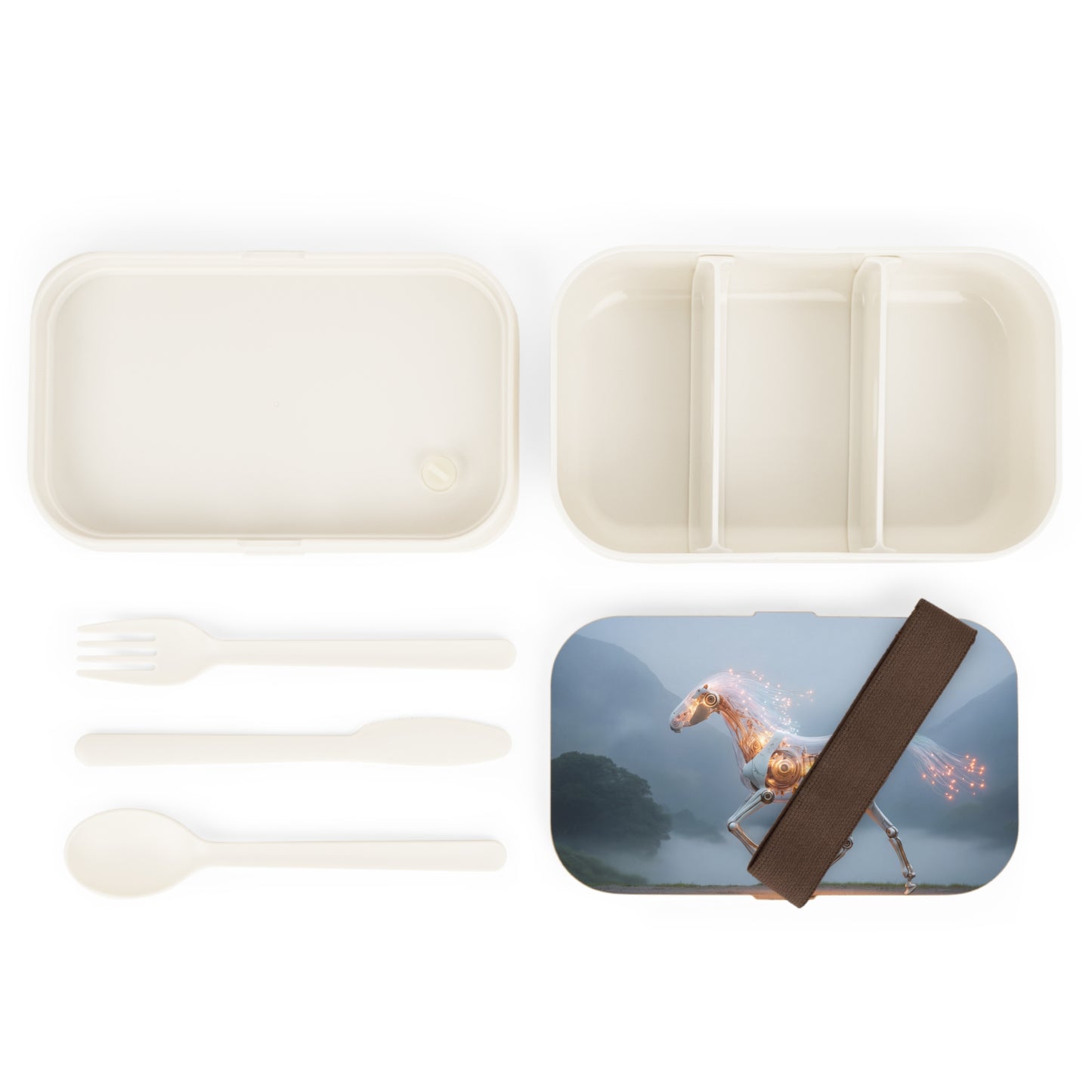 Cybernetic Steed Bento Lunch Box – Glowing Circuitry in Misty Mountains