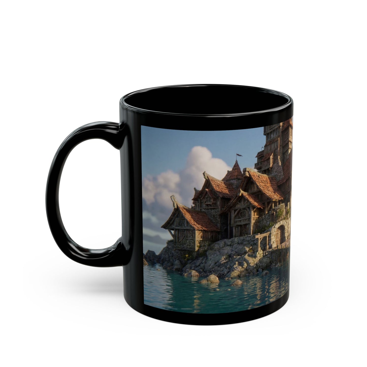 Harbor’s Whisper Black Mug – Sunset Coastline Village Dreamscape