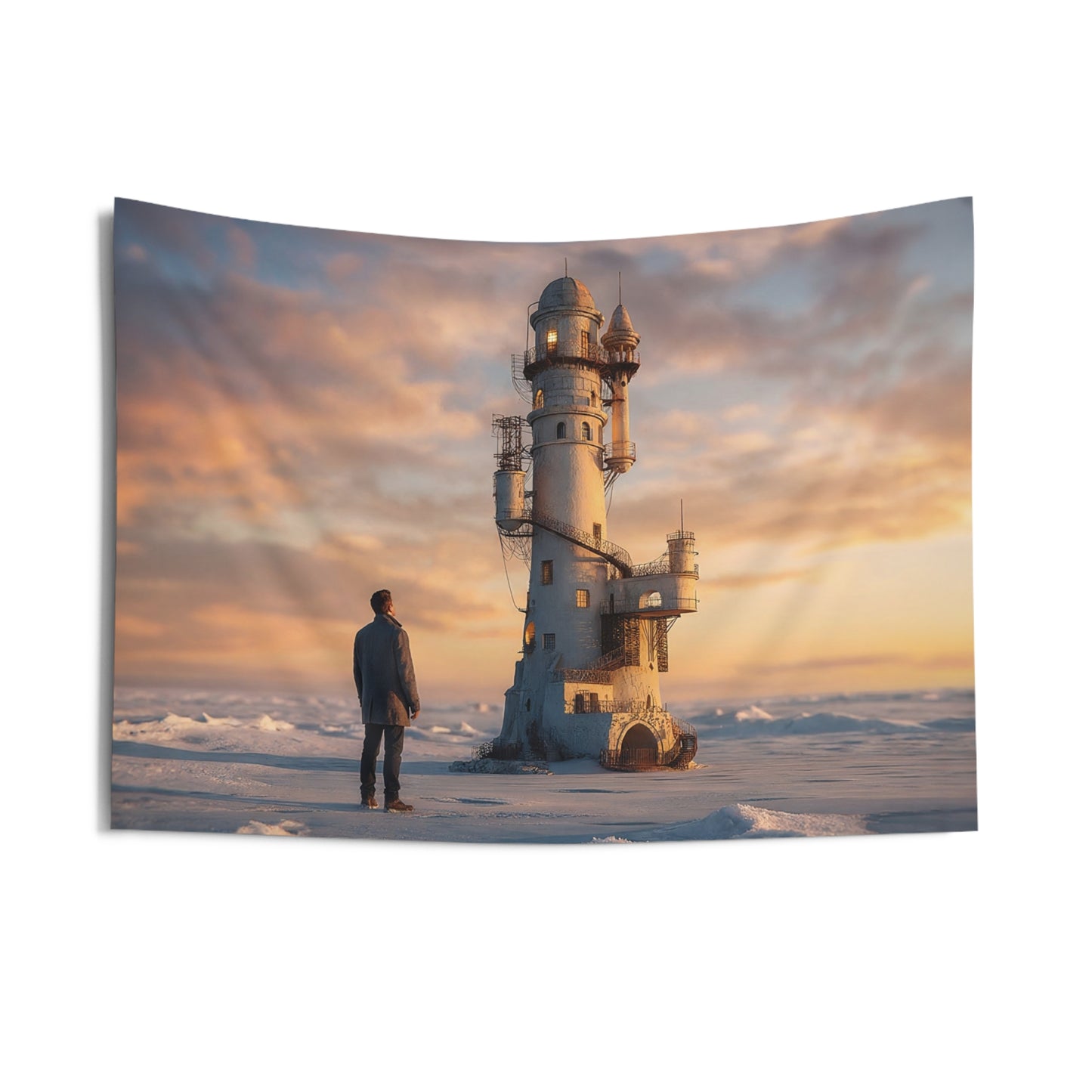 Solitary Lighthouse Wall Tapestry – Warm Glow Against Frozen Skies