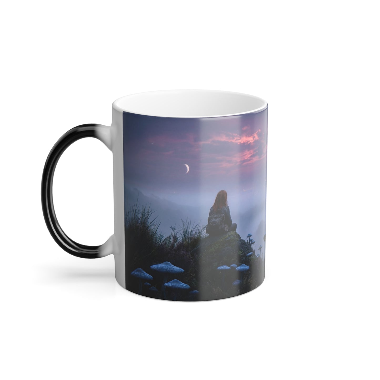 Twilight Wanderer Mushroom Cliff Mug – Misty Moonlit Vistas