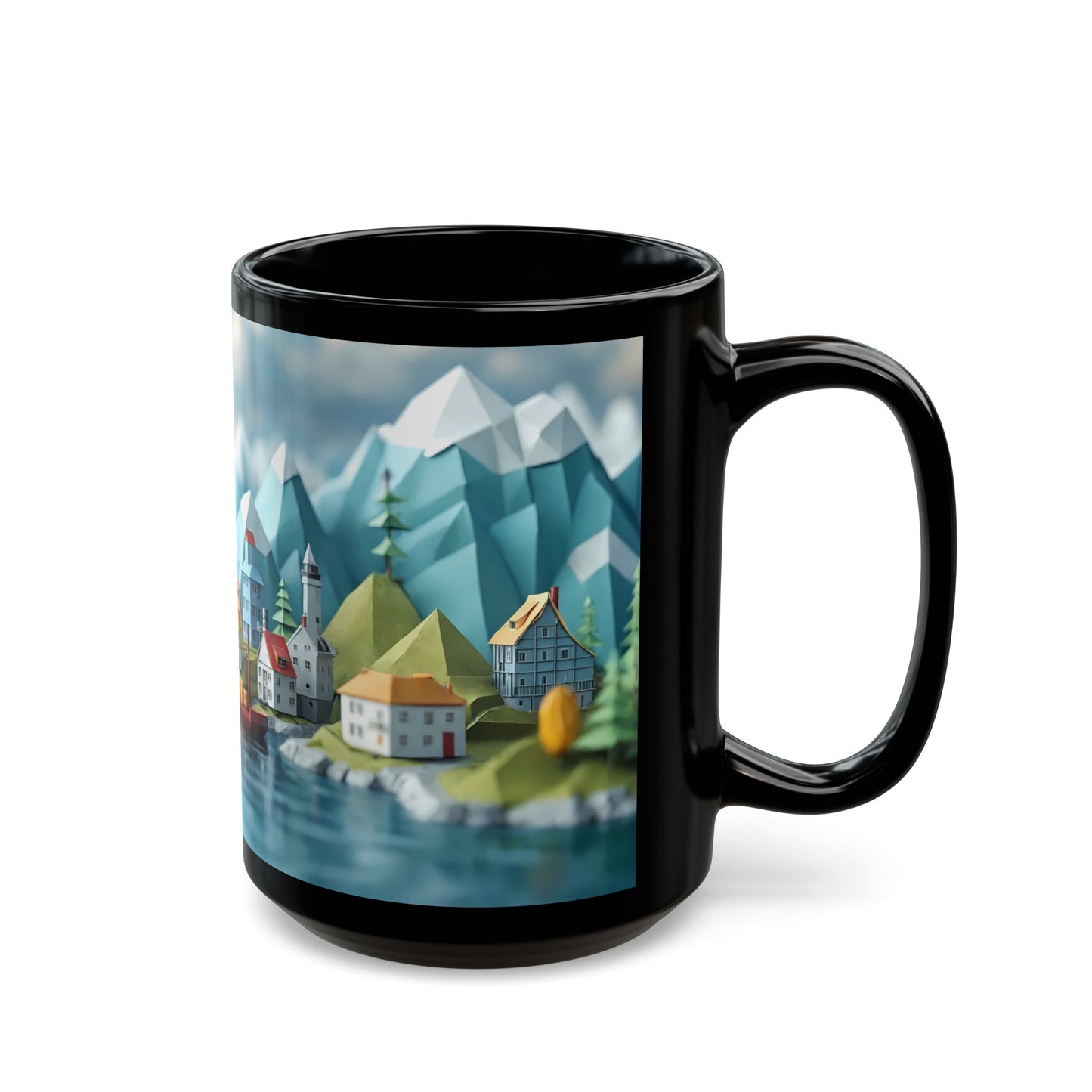 Alpine Harbor Black Mug – Snow-Capped Peaks & Harbor Life