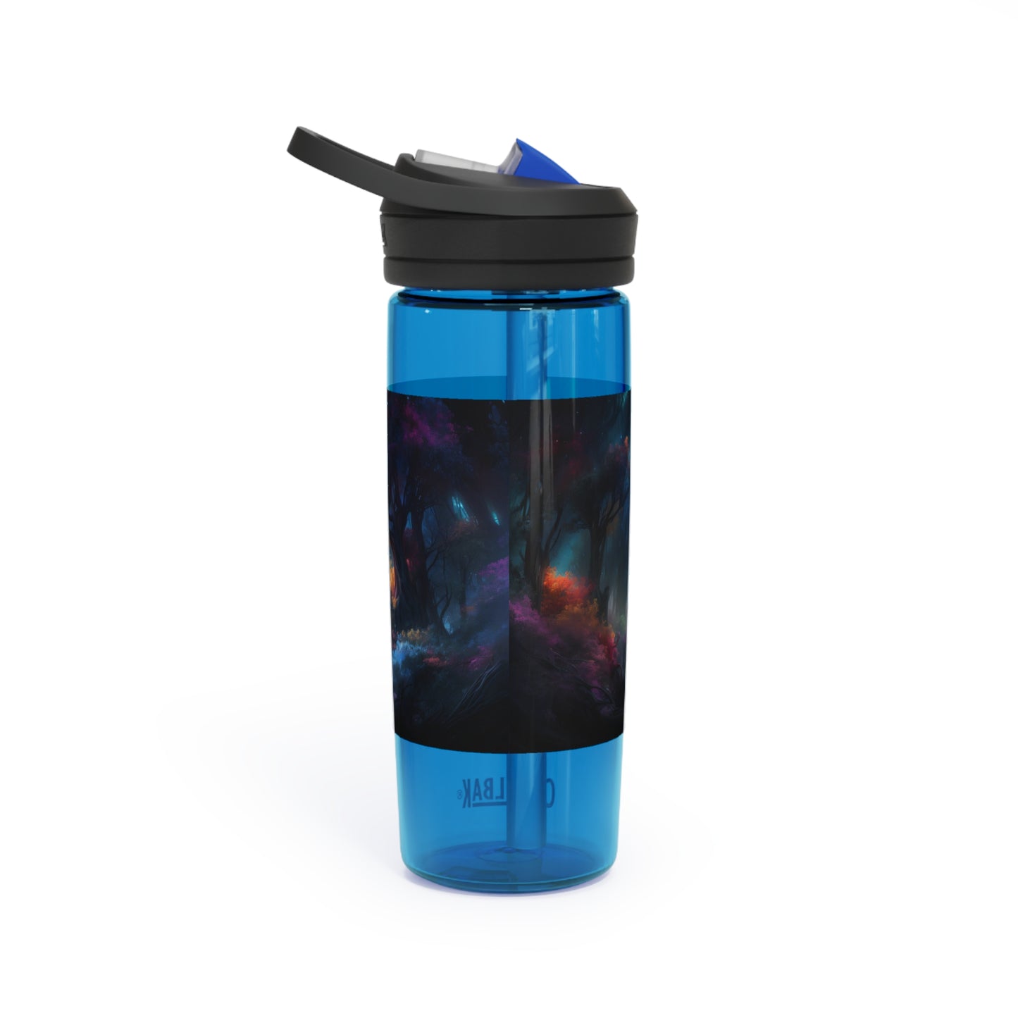 Panoramic digital art of an alien planet's mesmerizing bioluminescent forest, the towering trees adorned with glowing foliage in vivid shades of blue - CamelBak Eddy®  Water Bottle, 20oz\25oz