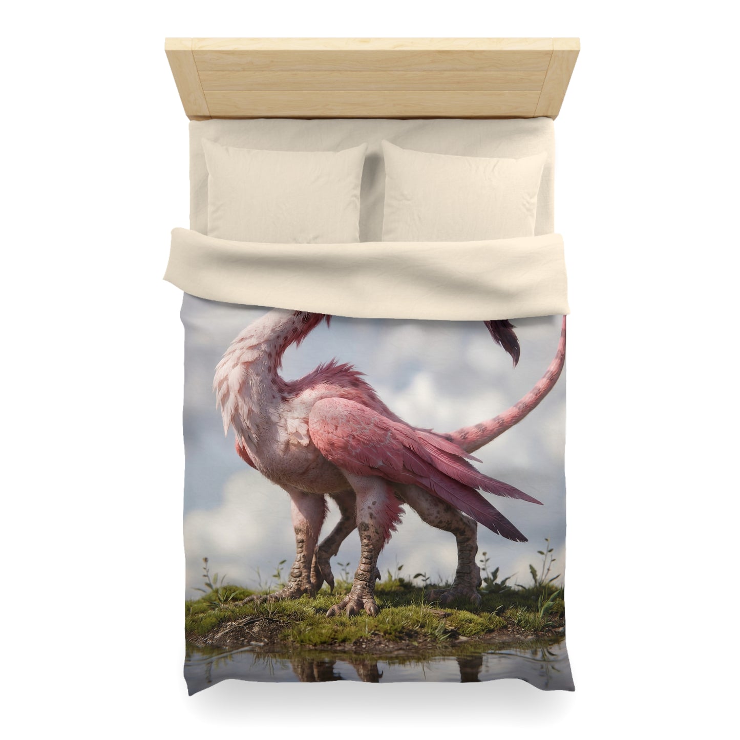Pink Dawn Sentinel Duvet Cover – Soft Feathers on a Misty Shore