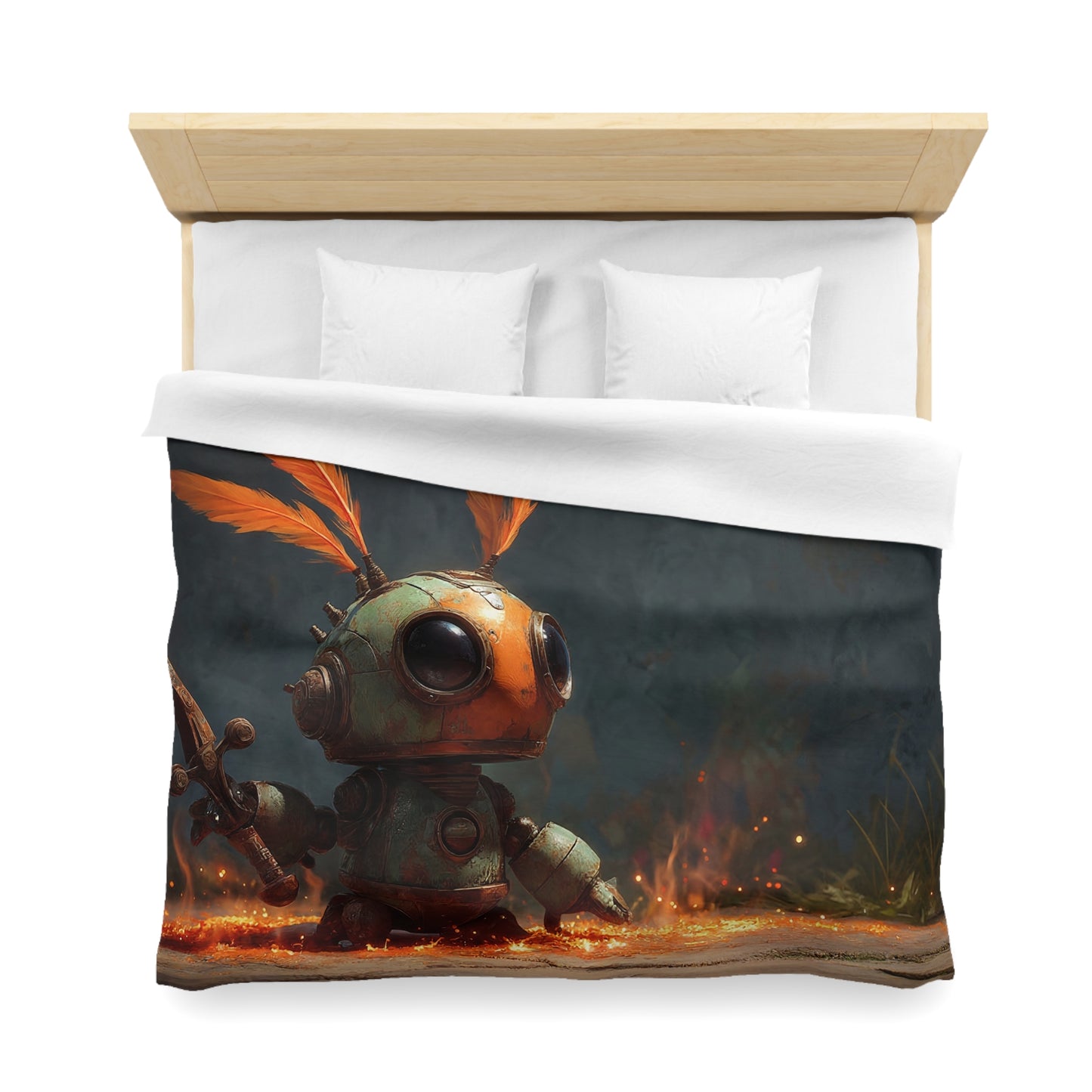 Feathery Knight Microfiber Duvet Cover – Rustic Mechanical Guardian in Ember Light