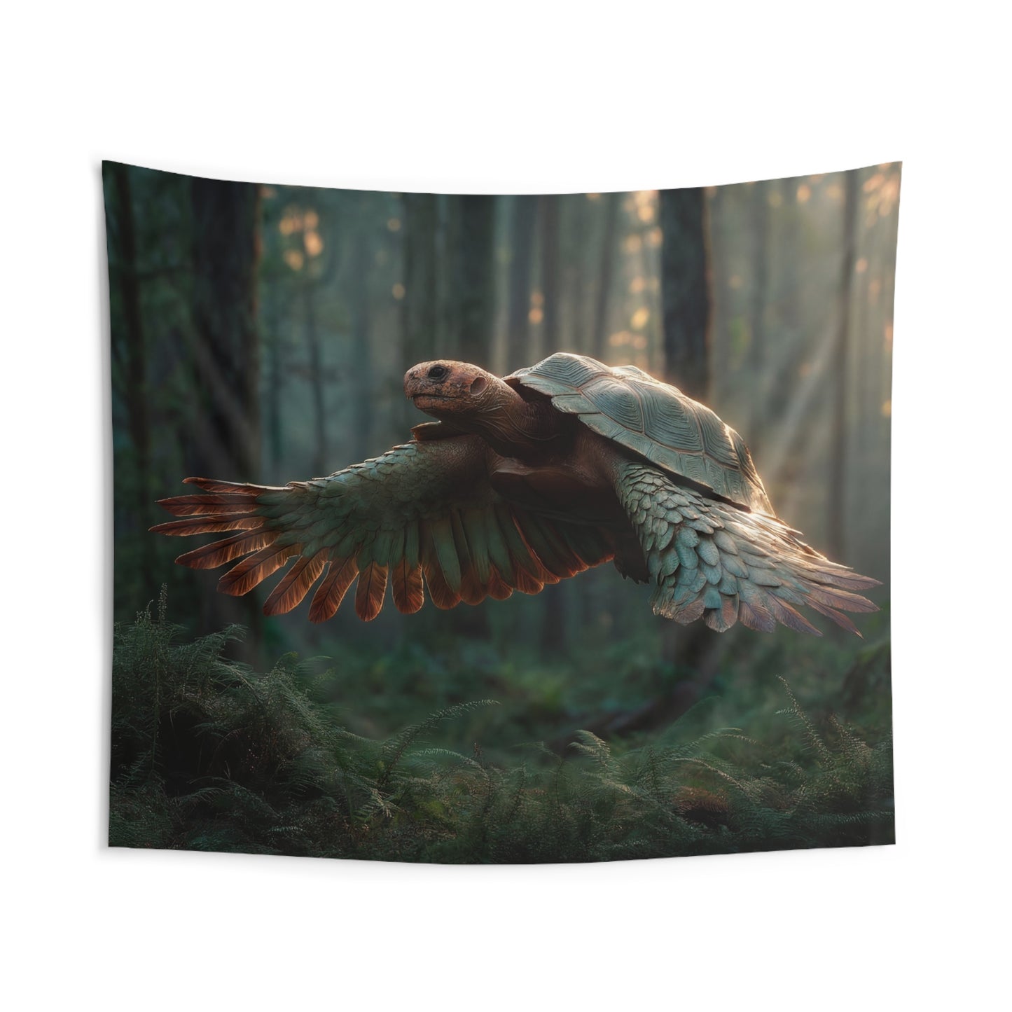 Winged Tortoise Forest Tapestries – Sunlit Flight Through Ancient Canopy