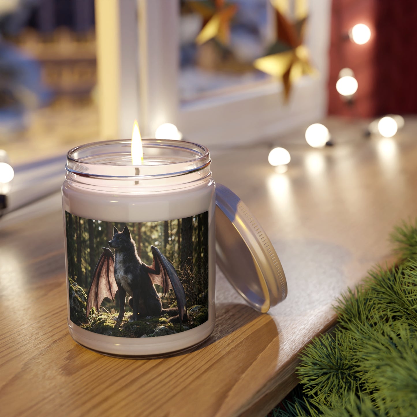 Winged Wolf Forest Candle – Sunlit Sentinel Dreamscape