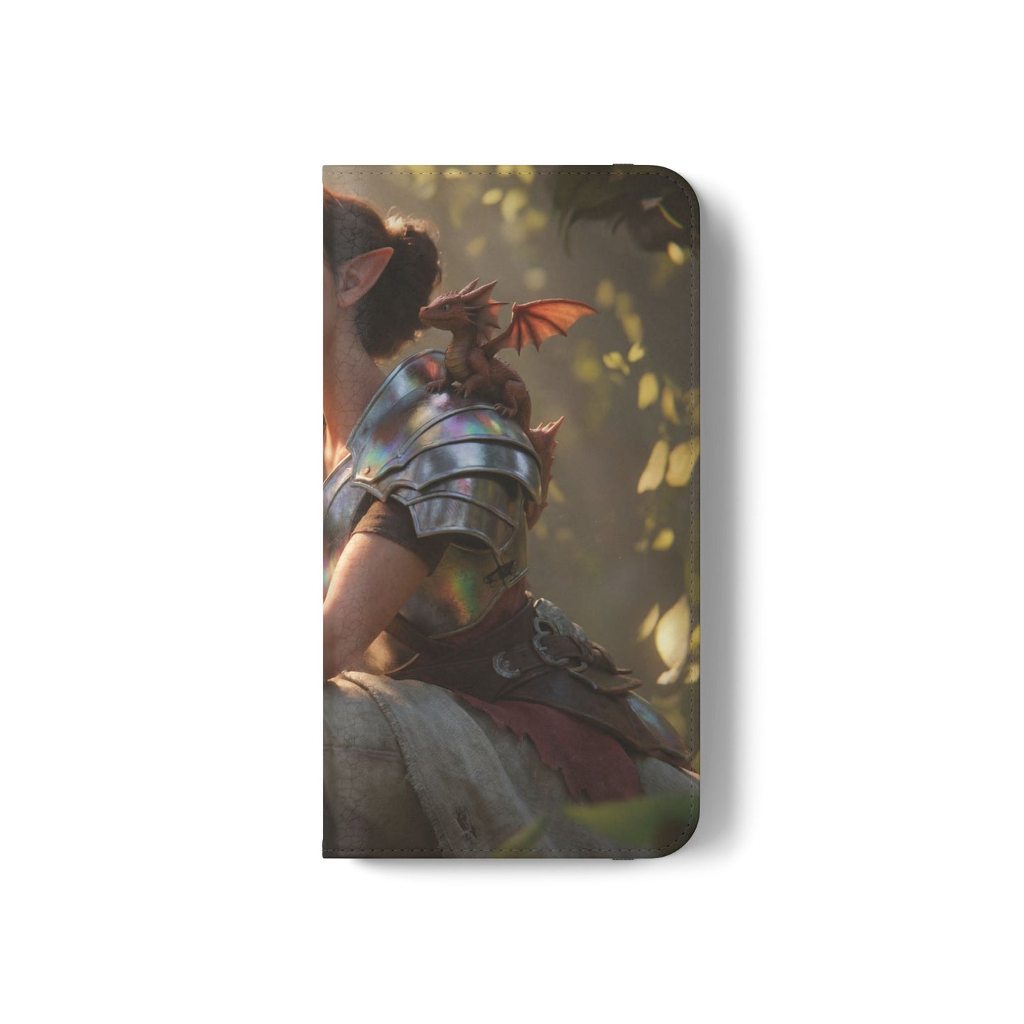 Elven Knight with Dragon Flip Cases – Iridescent Armor & Tiny Guardian Portrait