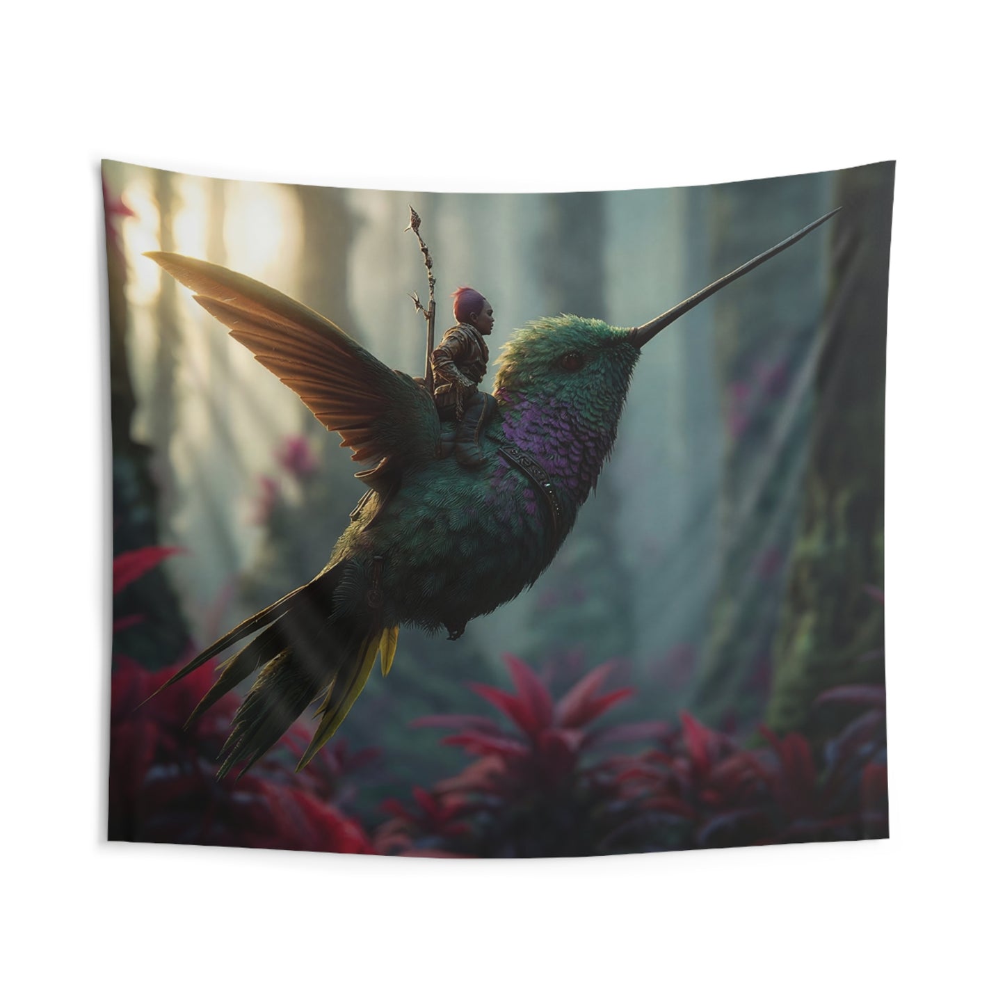 Hummingbird Rider Indoor Wall Tapestries – Dawn’s Whisper Through Verdant Canopy