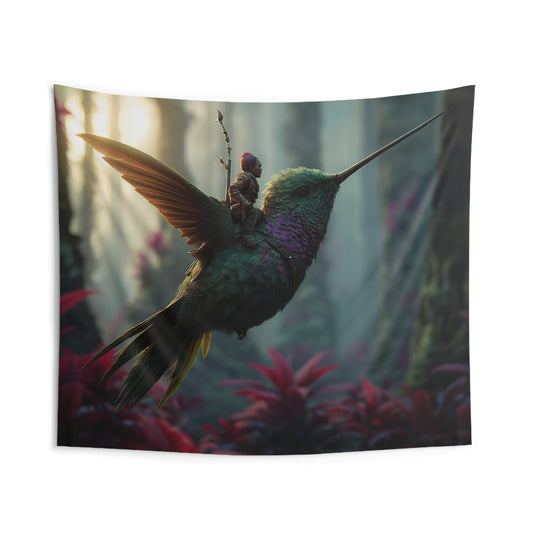 Hummingbird Rider Indoor Wall Tapestries – Dawn’s Whisper Through Verdant Canopy