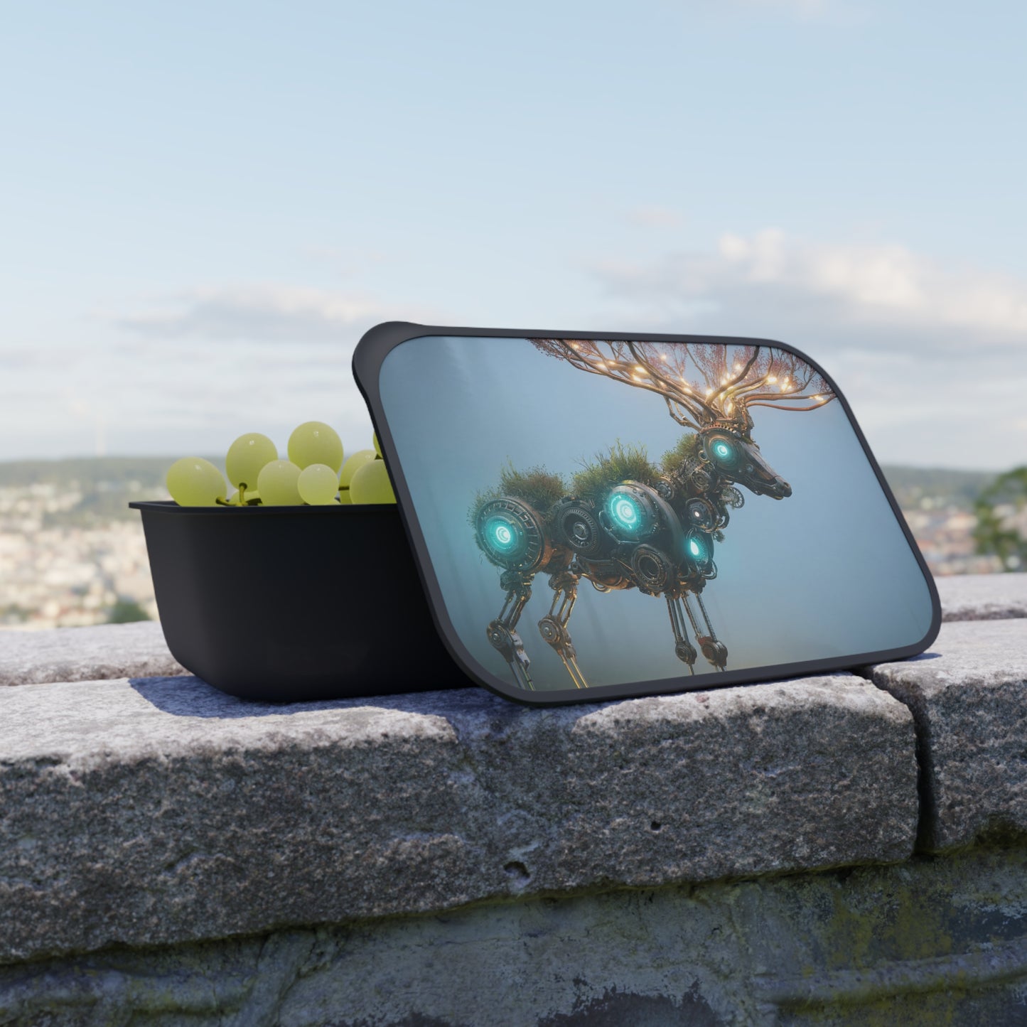 Cybernetic Forest Stag PLA Bento Box with Band and Utensils – Glowing Circuitry & Blooming Antlers