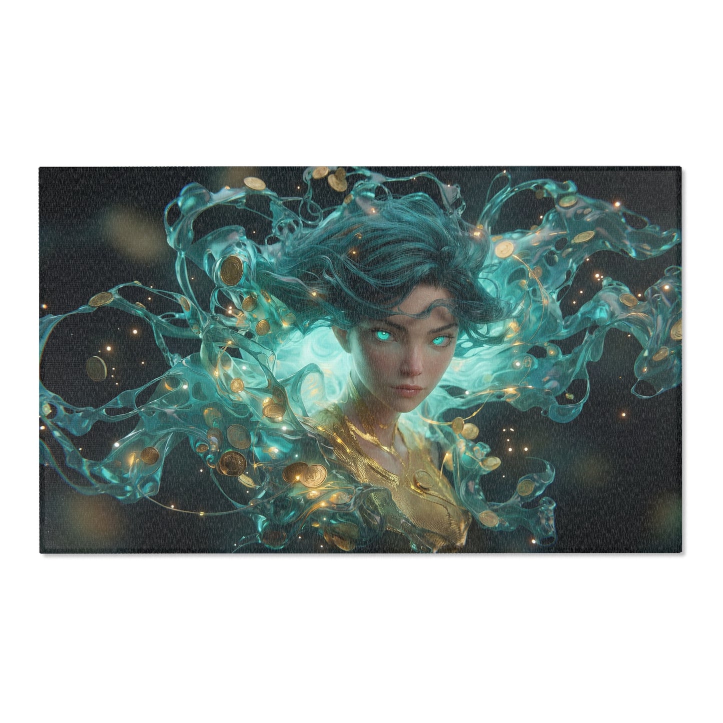 Liquid Starlight Sentinel Rug – Aura of Glowing Coins and Azure Veils