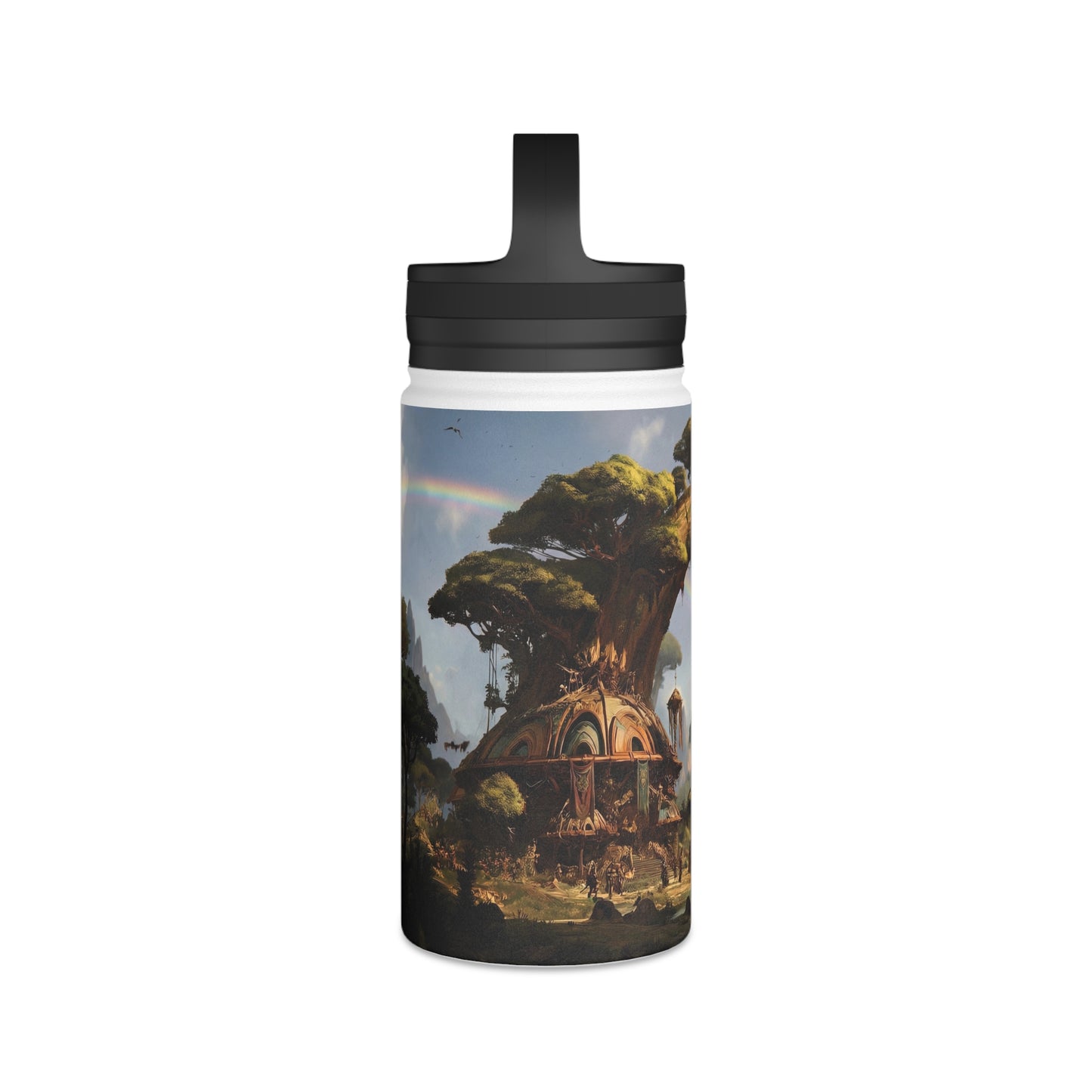 Arcane Grove Gateway Water Bottle – Handle Lid – Twin Rainbows Over Ancient Tree Citadel