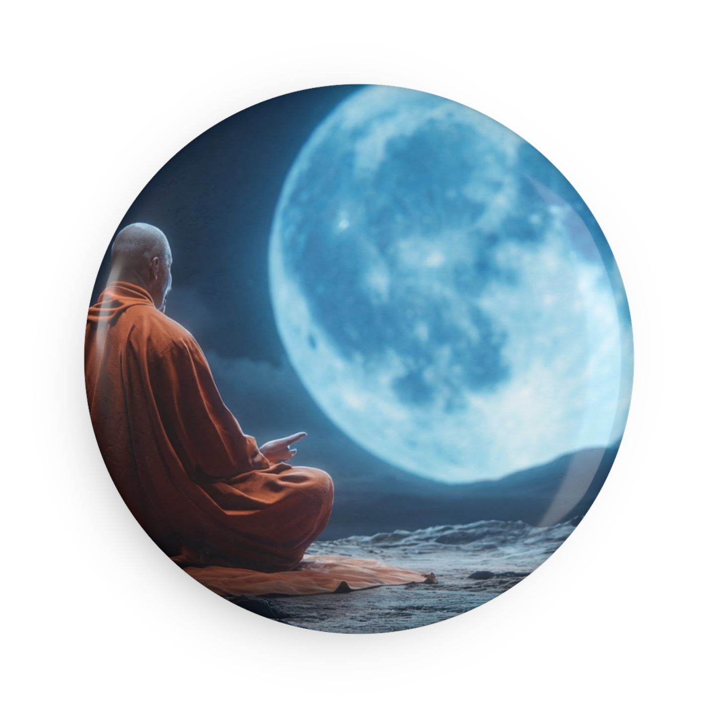 Monk Under Moonlit Cave Button Magnet, Round (1 & 10 pcs) – Stillness in Lunar Glow