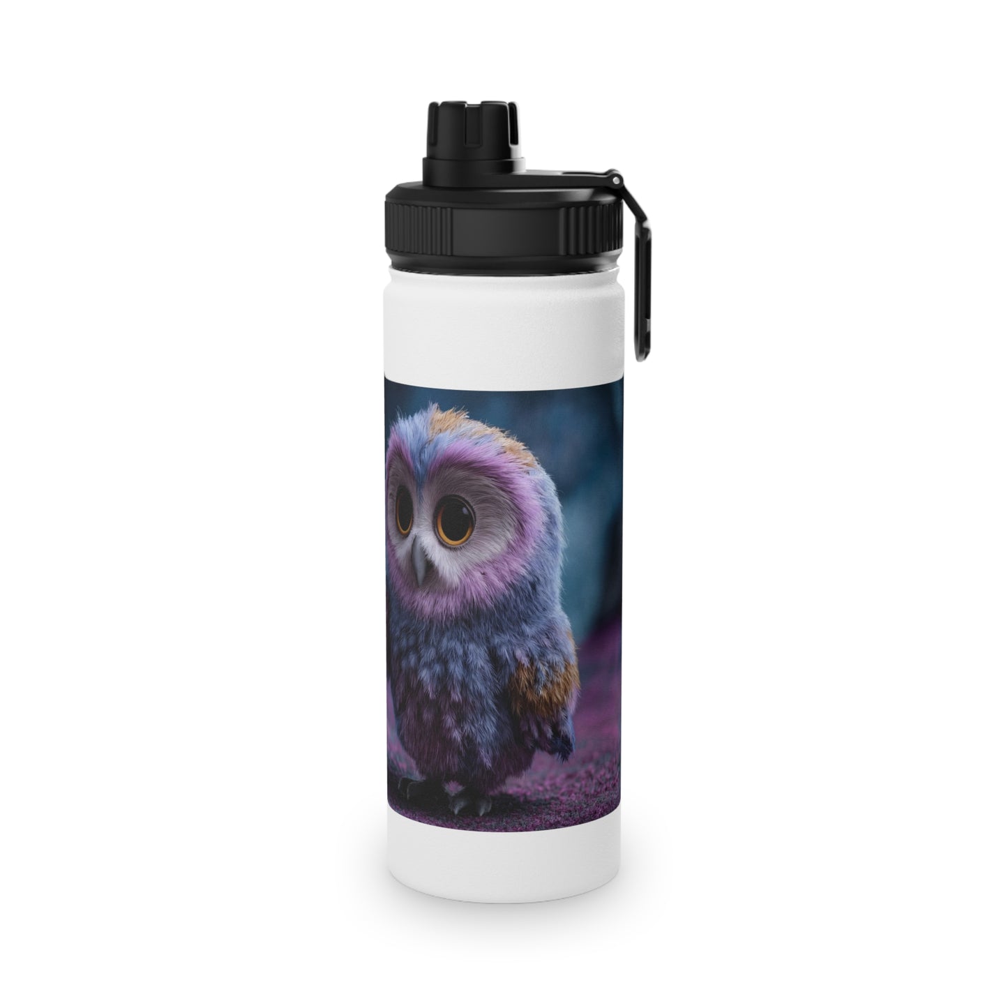 Velvet Owl with Heart Stainless Steel Water Bottle, Sports Lid – Midnight Whimsy Companion