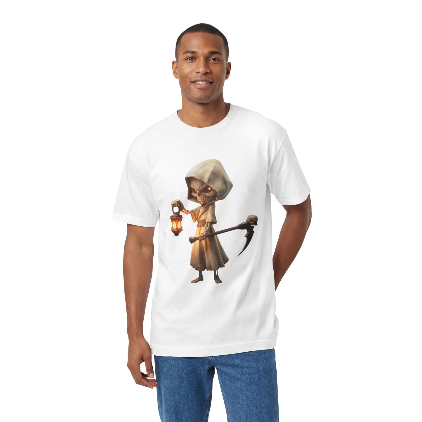 Lantern-Bearing Reaper Unisex Classic Tee – Hooded Guardian with Scythe