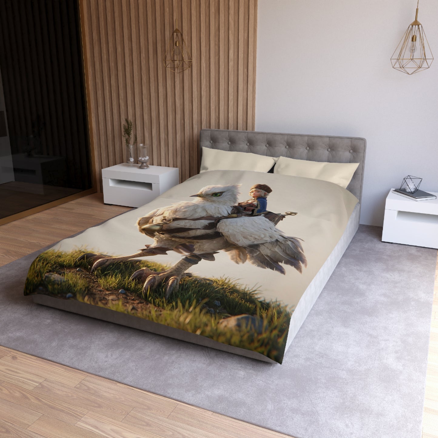 Young Rider on White Eagle Microfiber Duvet Cover – Sunset Horizon Companion