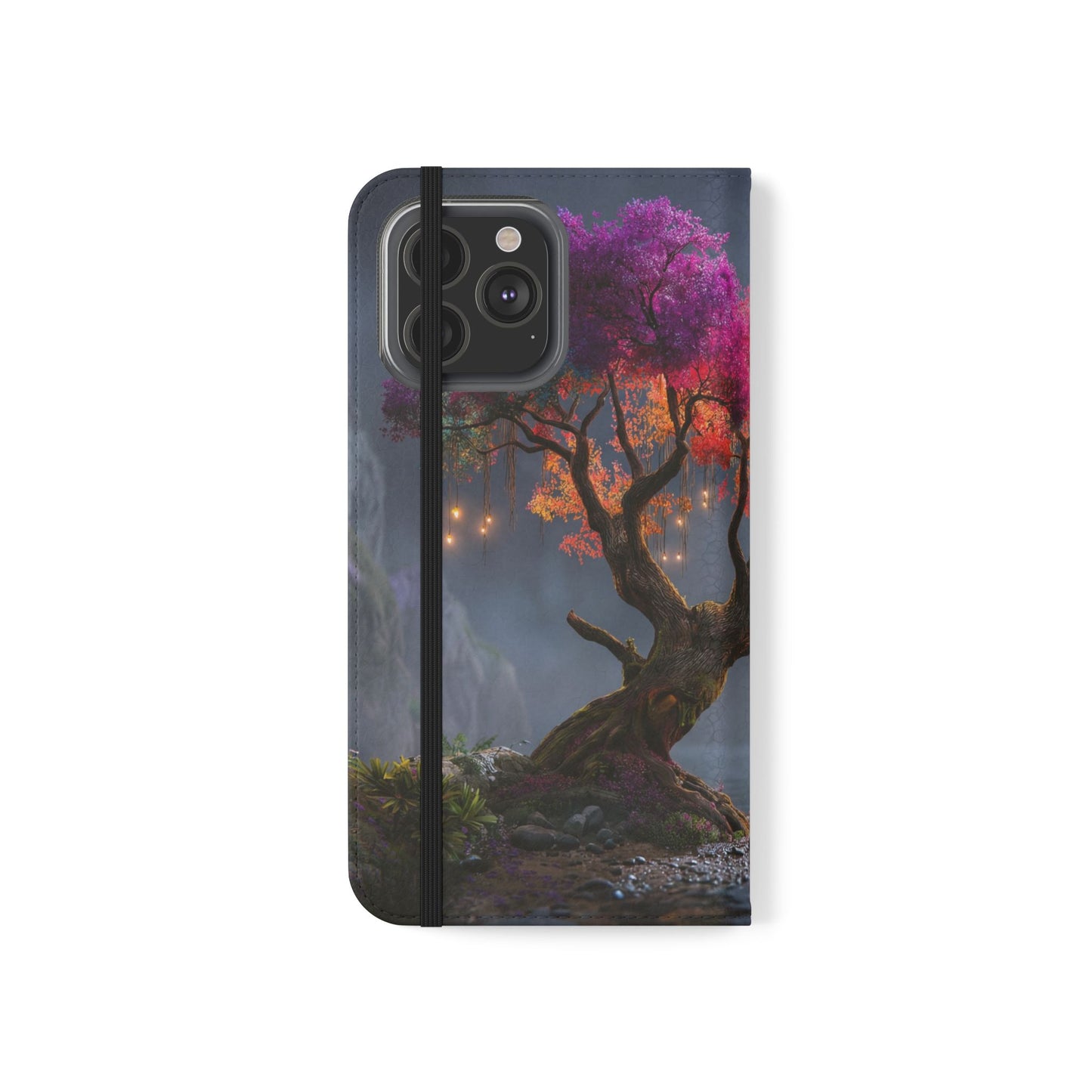 Chromatic Canopy Flip Cases – Rainbow Tree Moonlit Waterfall Scene