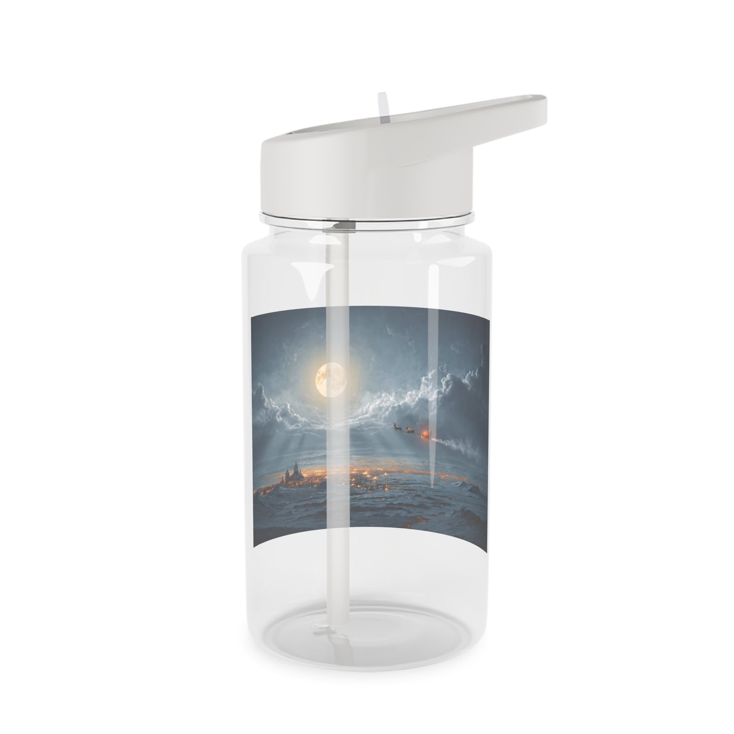 Moonlit Sleigh Ride Tritan Water Bottle – Frosty Cityscape Under Giant Moon