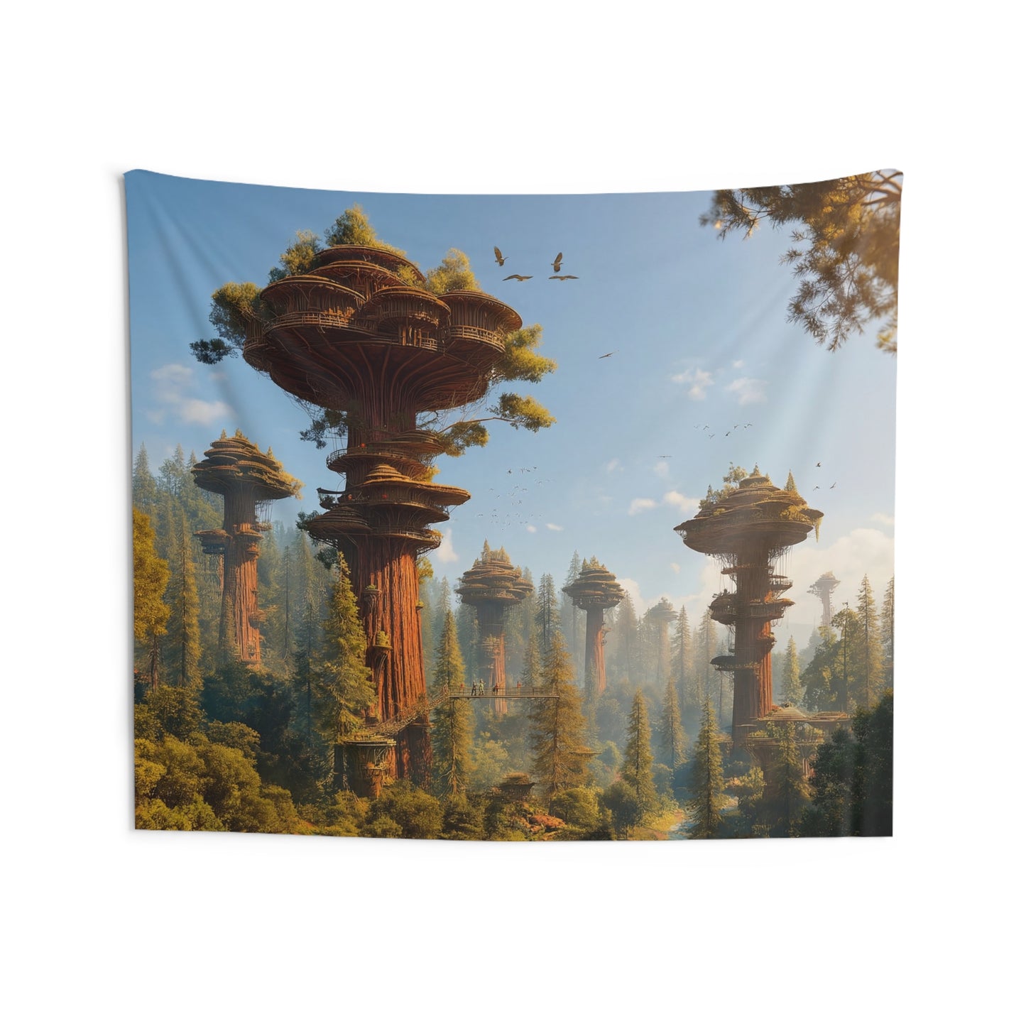 Sky-House Canopy Tapestries – Sunlit Forest Haven with Wooden Tree Forts